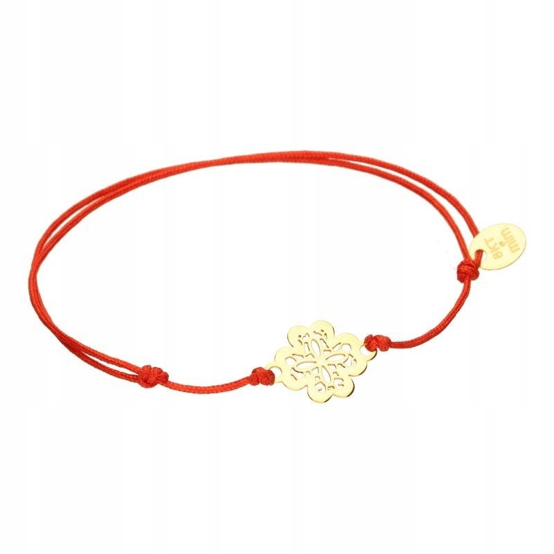 Elegantní náramek na červeném provázku, zlato ryzosti 585, prolamovaný přívěsek