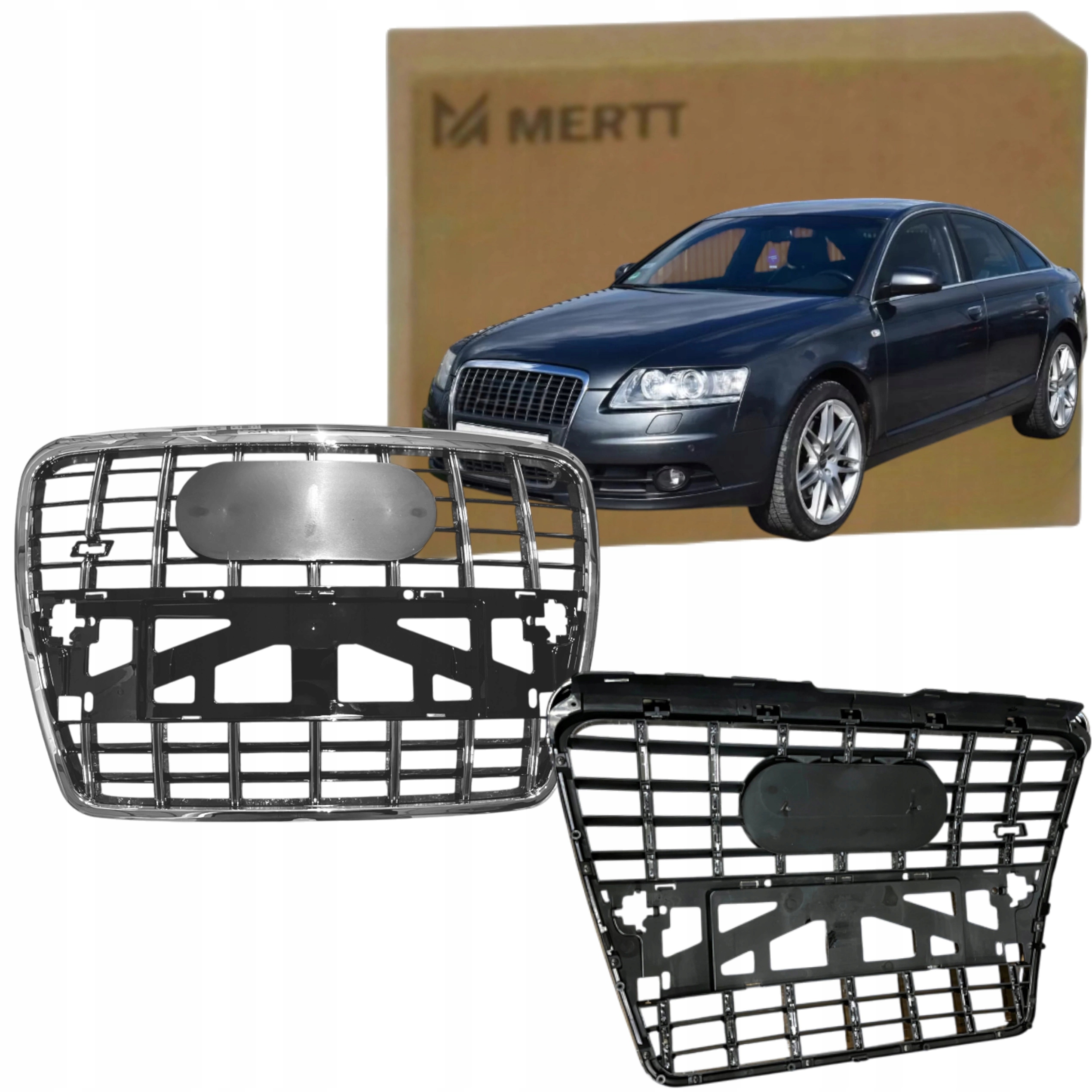 Audi A6 C6 2004-2011 Atrapa Chladiče Gril Mřížka Černý Lesk Rám Chrom