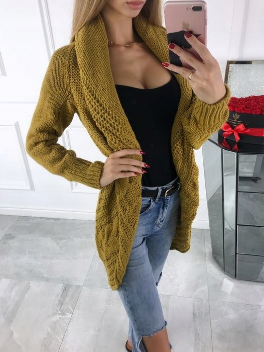 CIEPŁY KARDIGAN NARZUTKA SWETER WARKOCZ -- KOLORY Długość do kolan