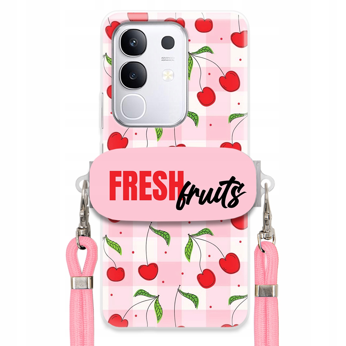 pouzdro na Vivo Y29 4G Case Držák Šňůra Růžová Fresh Fruits Mřížka Ovoce