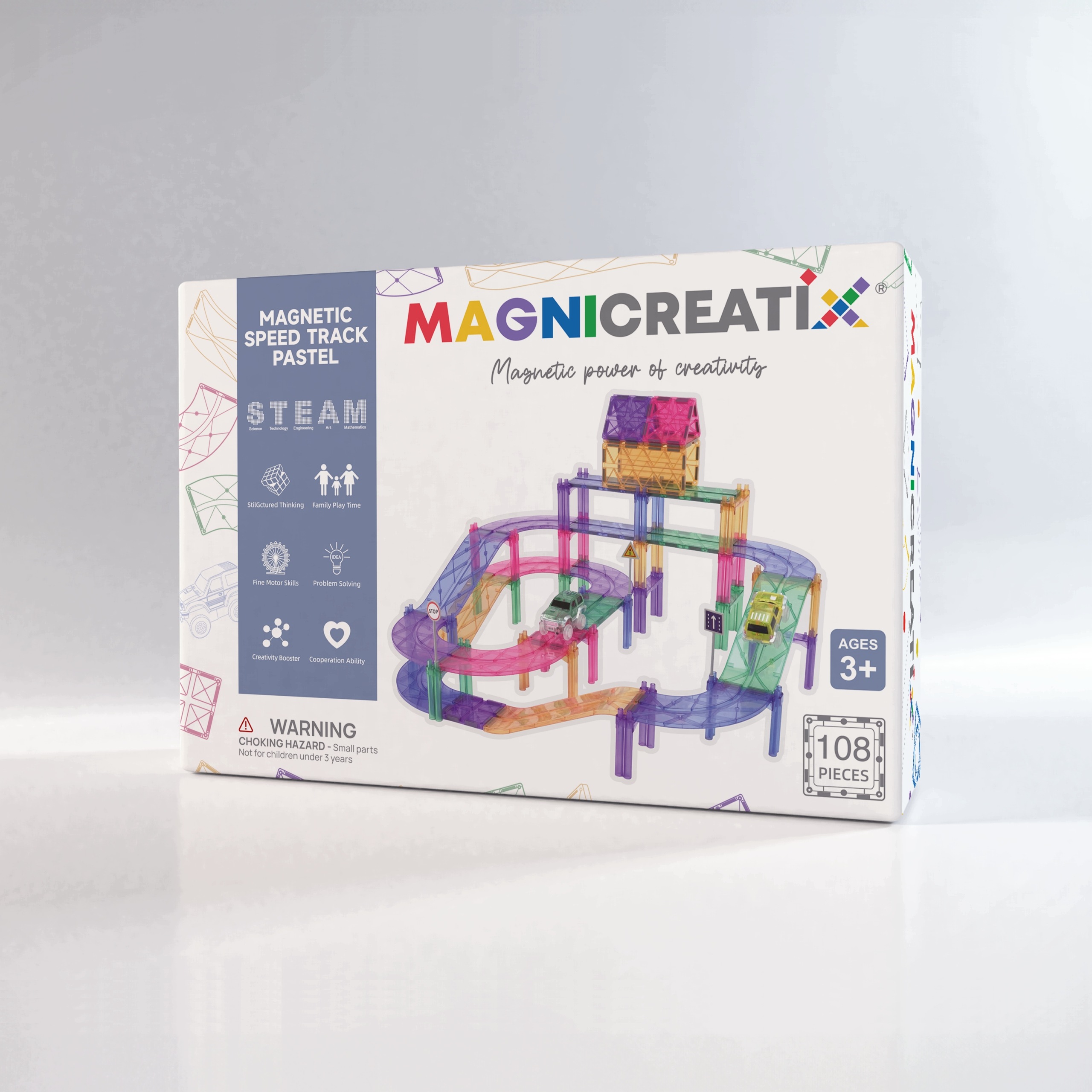 Klocki Magnetyczne Tor Wyścigowy 108 el. 2 Autka Magnicreatix ciemny Pastel