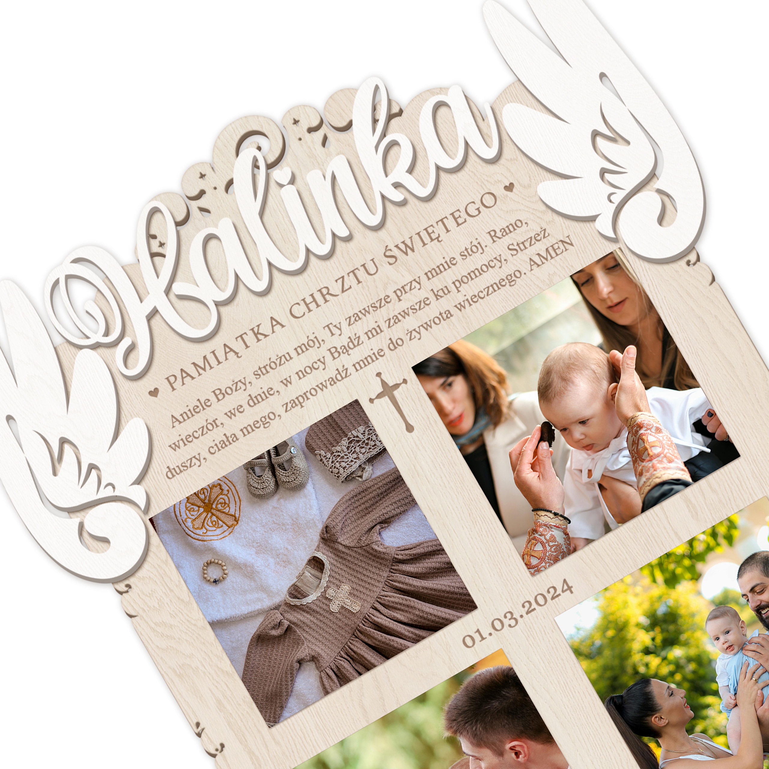 Tablica na CHRZEST ŚWIĘTY Ramka na 4 zdjęć z IMIENIEM PAMIĄTKA CHRZTU Wysokość produktu 49 cm