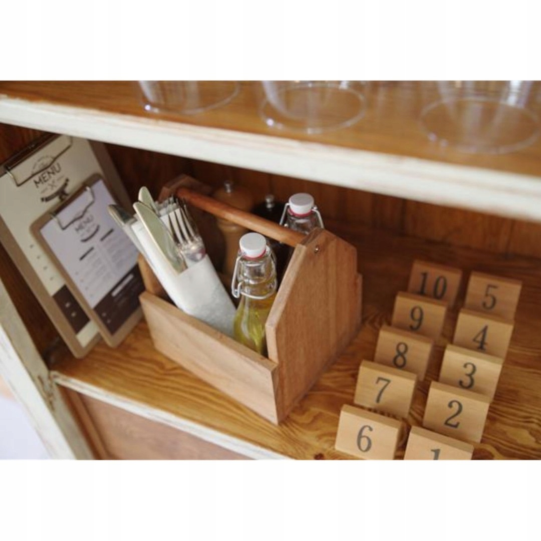 Organizer pojemnik stołowy na przyprawy sztućce drewniany z uchwytem - Hend Linia profesjonalna