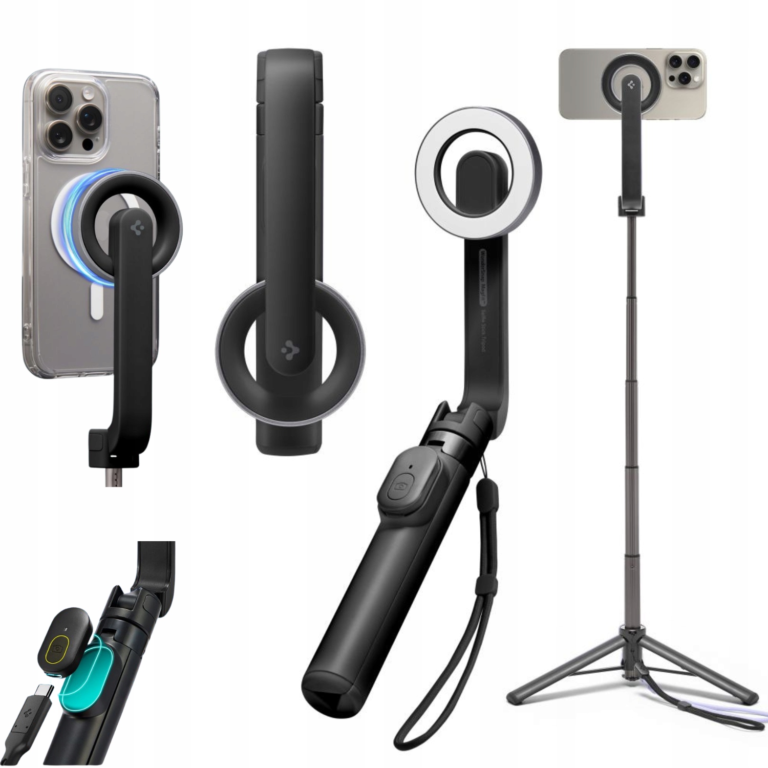 Selfie tyč Bluetooth kompatibilní s Android iOS MagSafe Spigen s tripodem