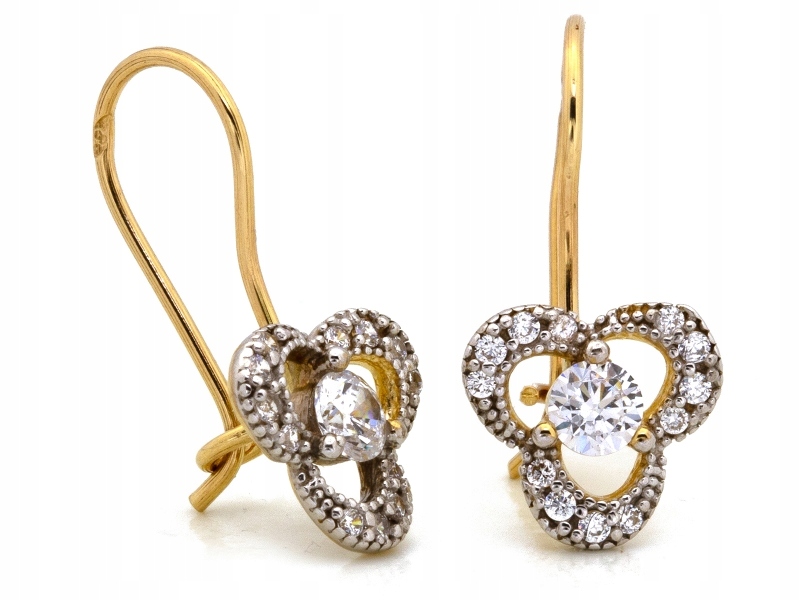 Náušnice ze zlata 585 na biglu s květinkami a zirkony, dvoubarevné, módní