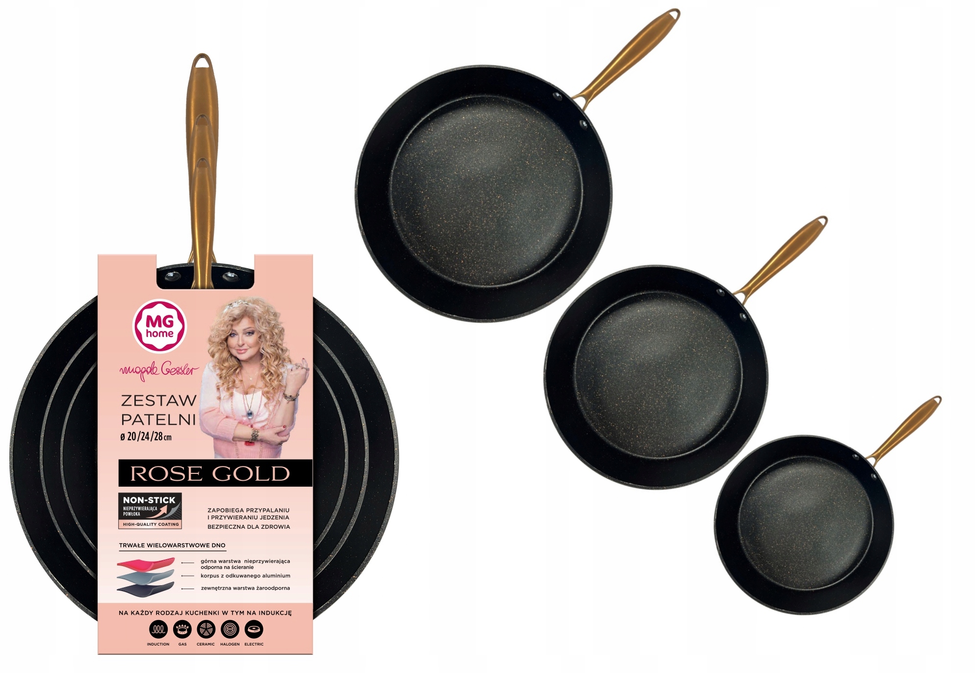 Sada 3 Pánví Mg Home Magda Gessler Rose Gold 20 24 28 CM Indukční Plyn