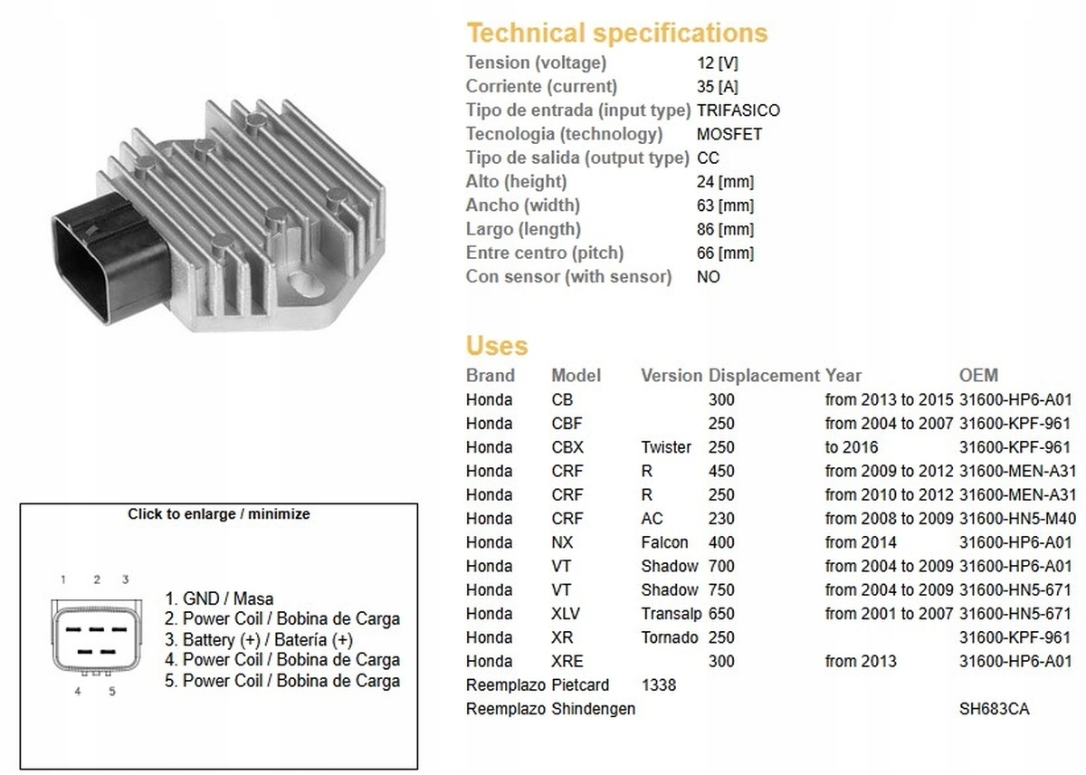 Dze Regulátor Napätia Honda Cb 300 '13-'15 Cbf 250 '04-'07 Crf 250/450R