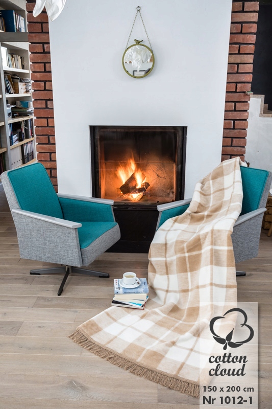 Akrylová bavlněná deka 150x200 mřížka béžová