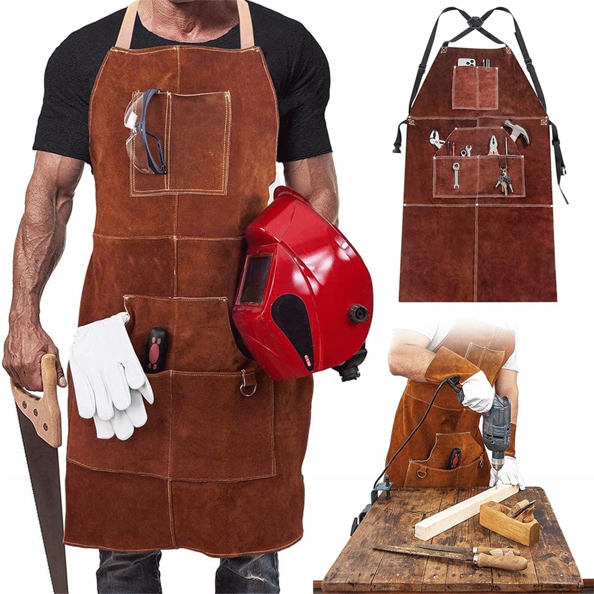5 kapes Kožená zástěra Nastavitelné popruhy pro svařování a grilování