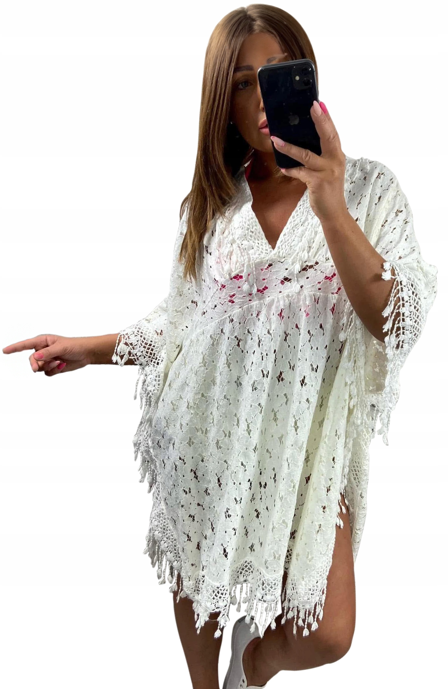 Šaty na pláž Plus size Bílá Bavlna Volná Letní Pohodlná Krajka 58