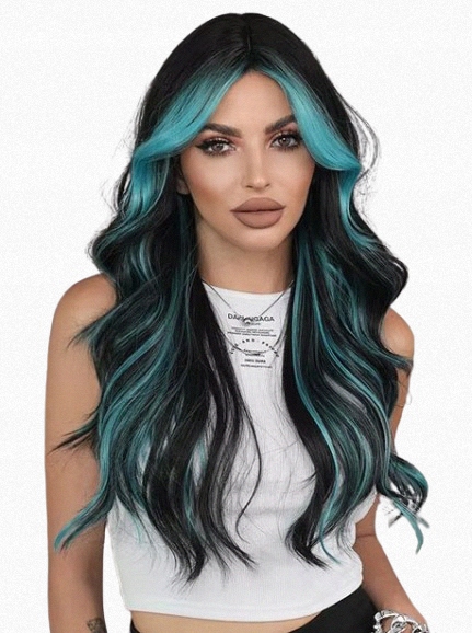 Černá hnědá paruka s odvážným modrým čelem a pruhy, výrazný styl