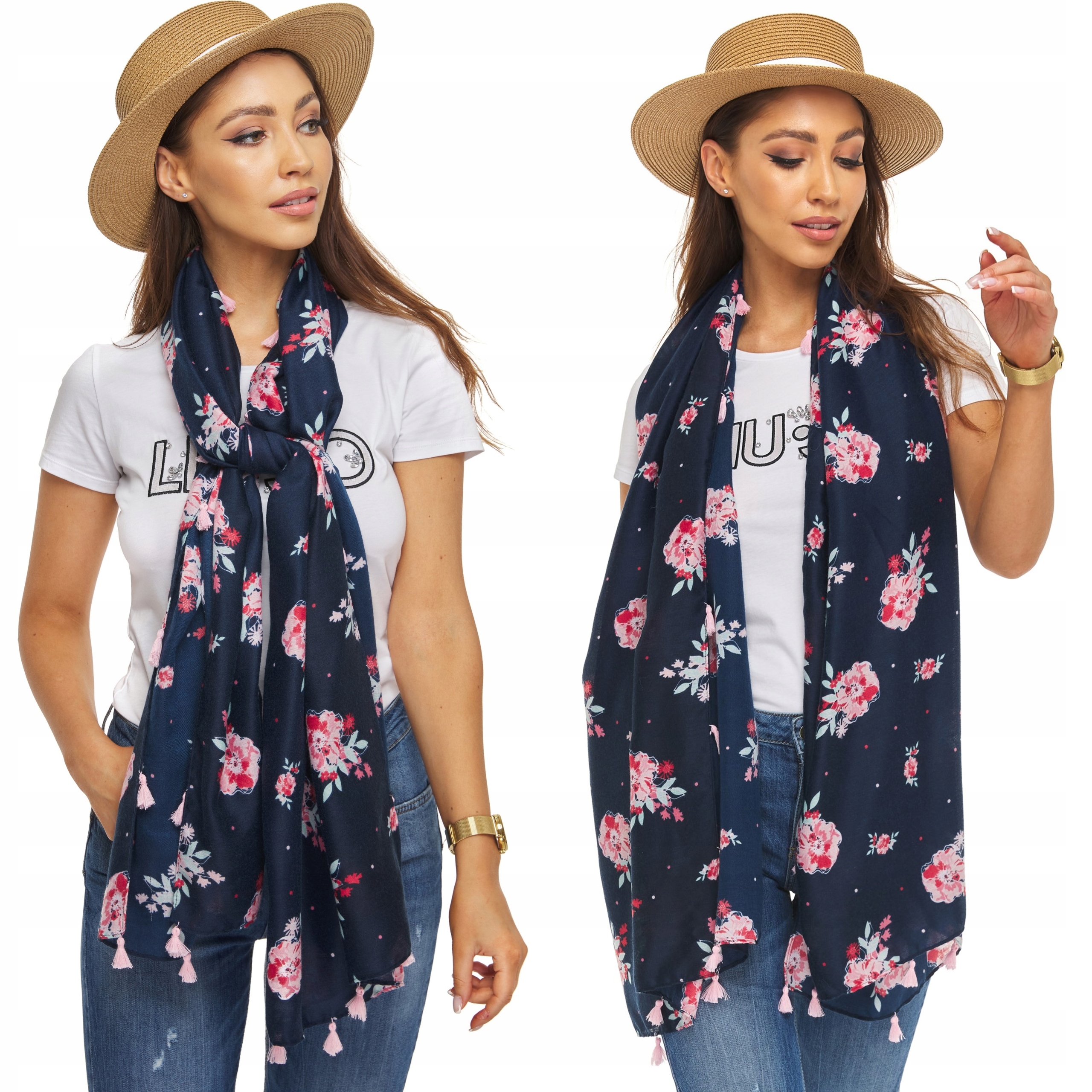 

Szal Szalik Boho Frędzle z kwiatowym wzorem granat