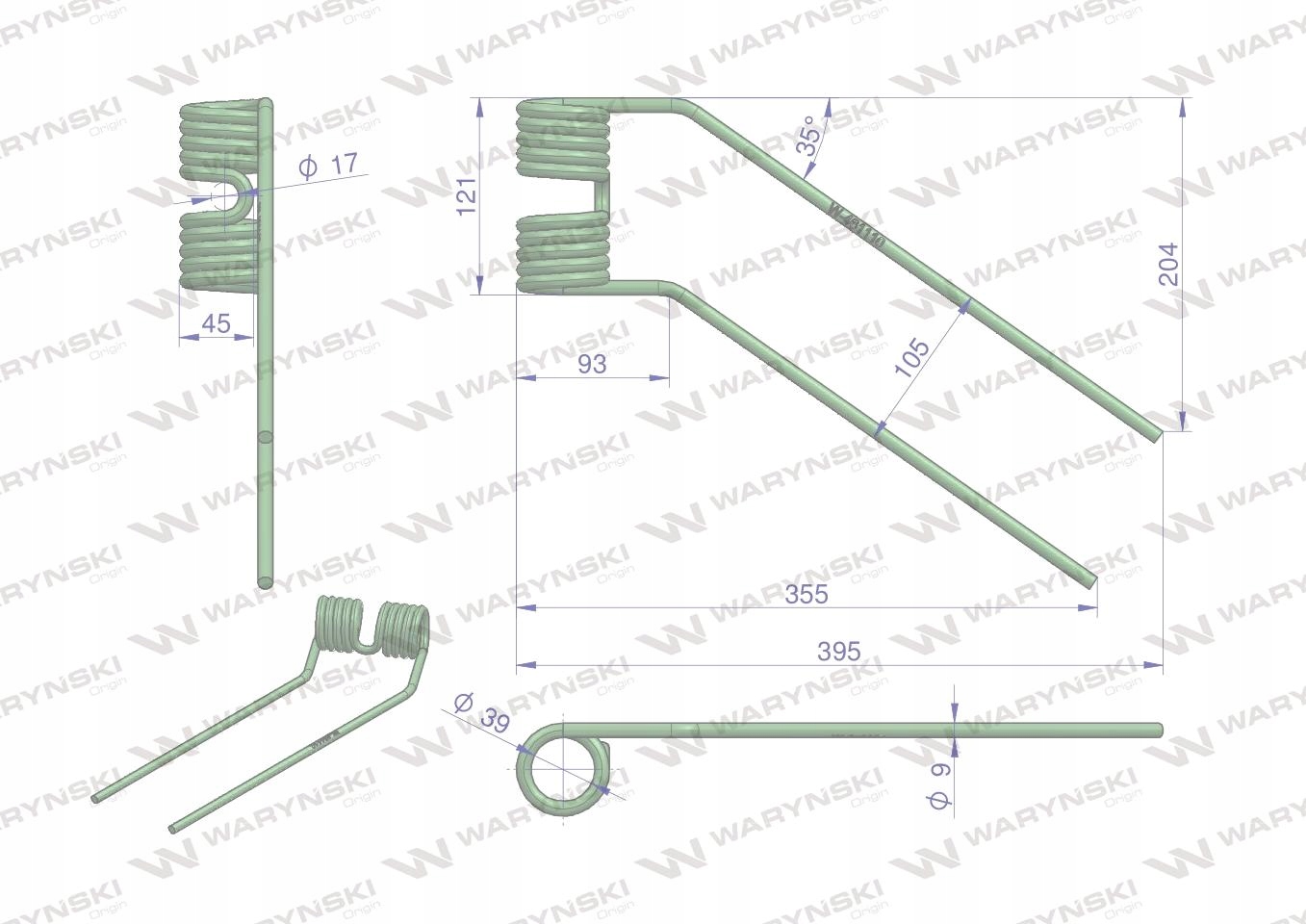 Palec przetrząsacza karuzel lewy ZIELONY Fella Waryński Numer katalogowy części W-461110