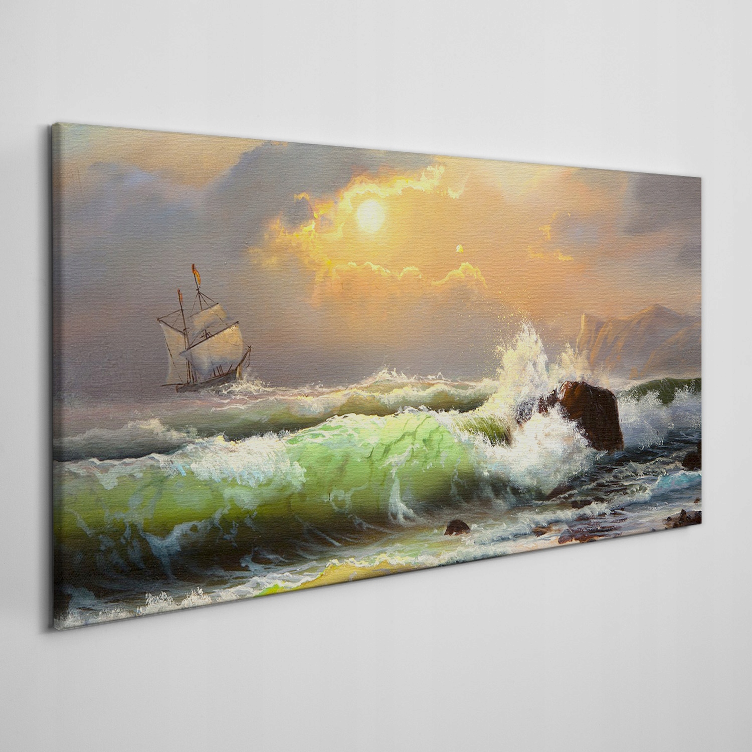 

Obraz na płótnie Fale statek zachód słońca 120x60