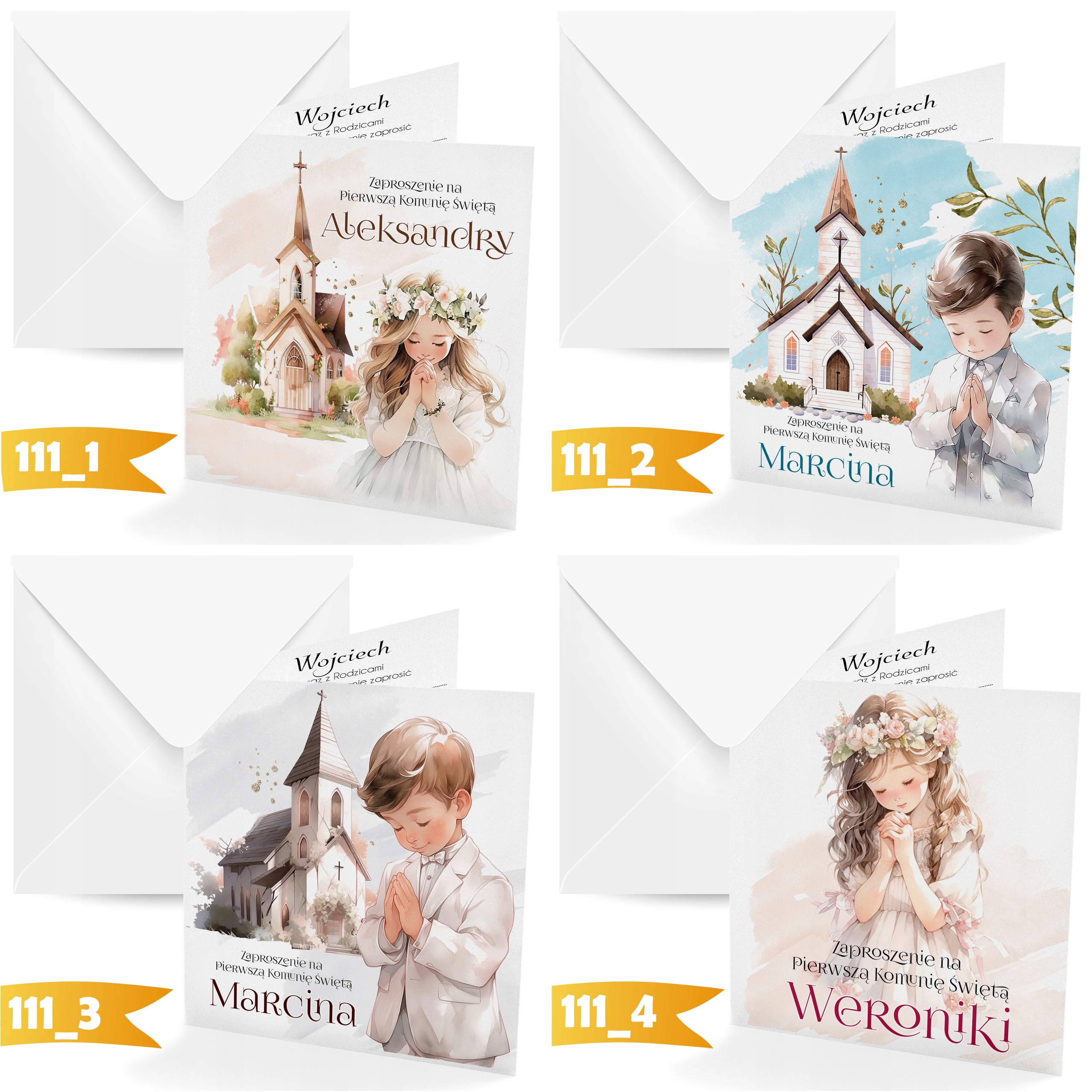 ZAPROSZENIA NA KOMUNIĘ PRZYJĘCIE IMIĘ DZIECKA + KOPERTA ELEGANCKI ZESTAW Stan opakowania oryginalne