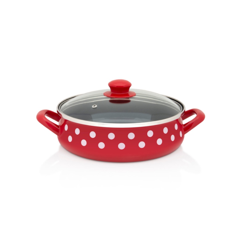 Naczynie do duszenia ze szklaną pokrywką, 24 cm 4 l, czerwone, Dots on red