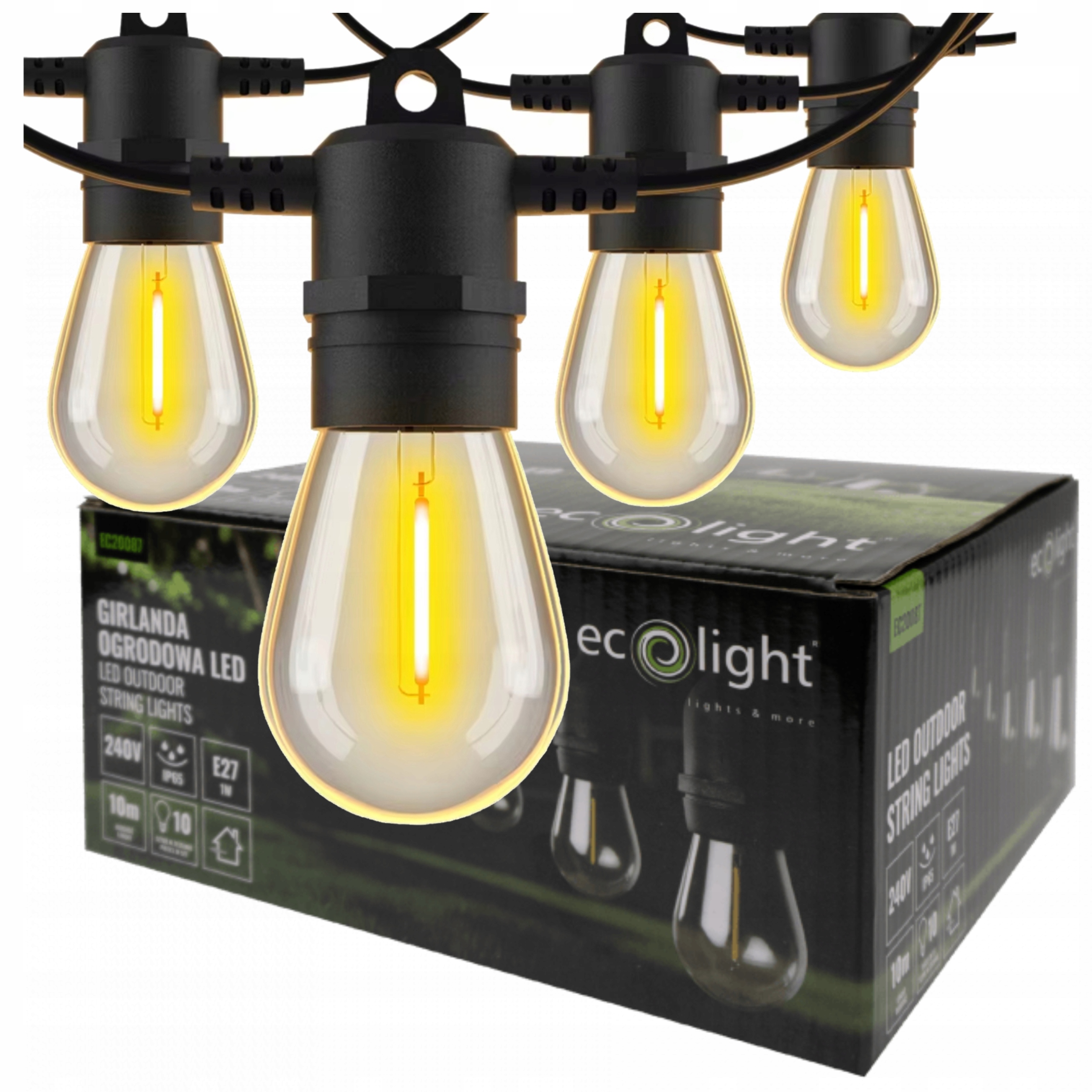 Zahradní světelná girlanda 10 metrů 10 žárovek G45 E27 1W 2700K
