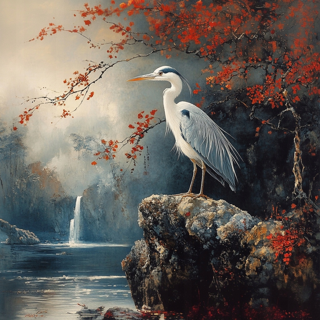 Obraz Na Plátně Canvas Pták Čapla Krajina Vodopád Podzim Asie 80x80