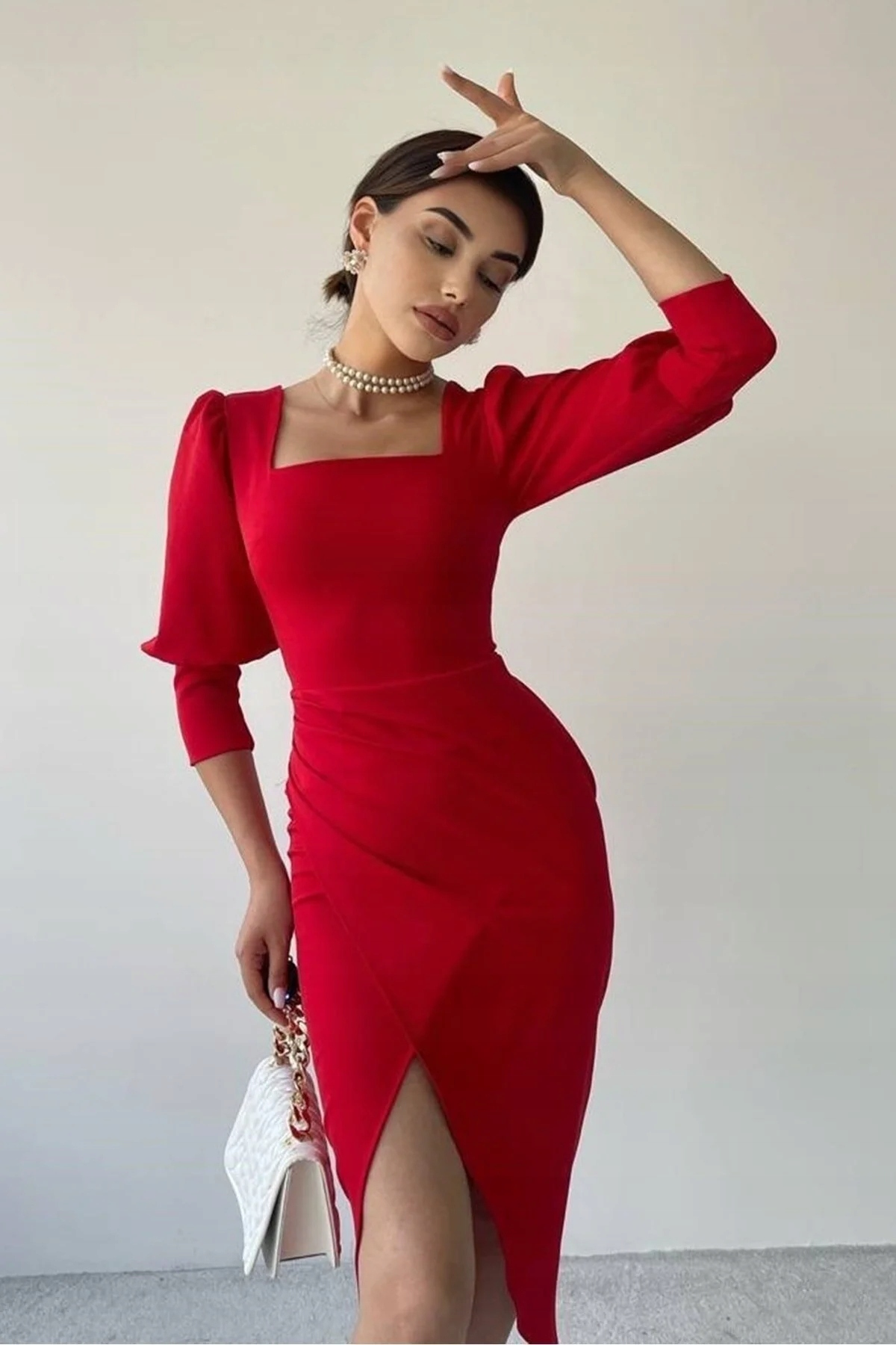 Elegantní Červená Šaty MIDI, Čtvercový Výstřih A Nařasení L 5IA