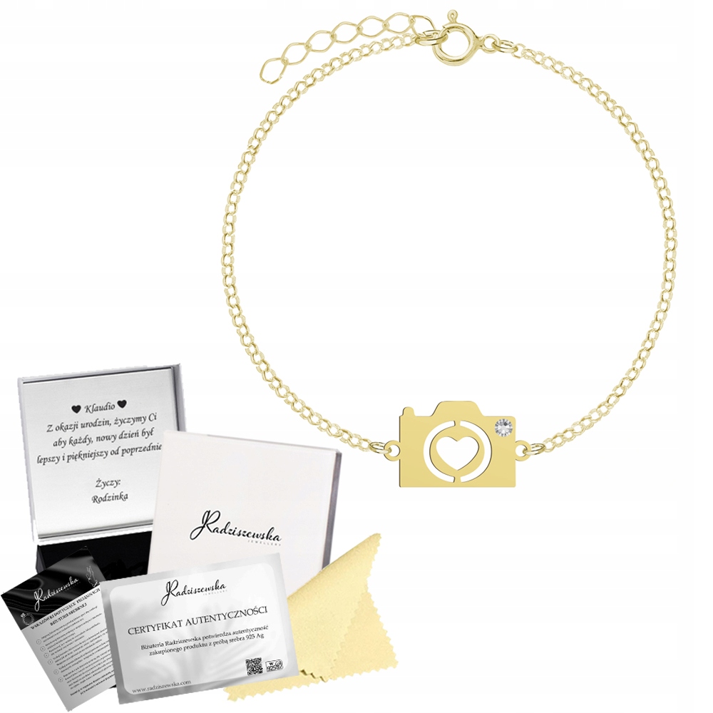 Zlatý náramek Fotoaparát Stříbro 925 Dárek Dedikace Bonus