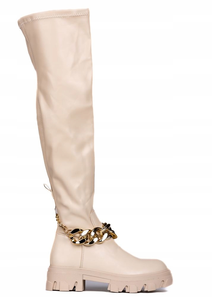 Světlé Krémové Elastické Kozačky S Vysokým Řetězem