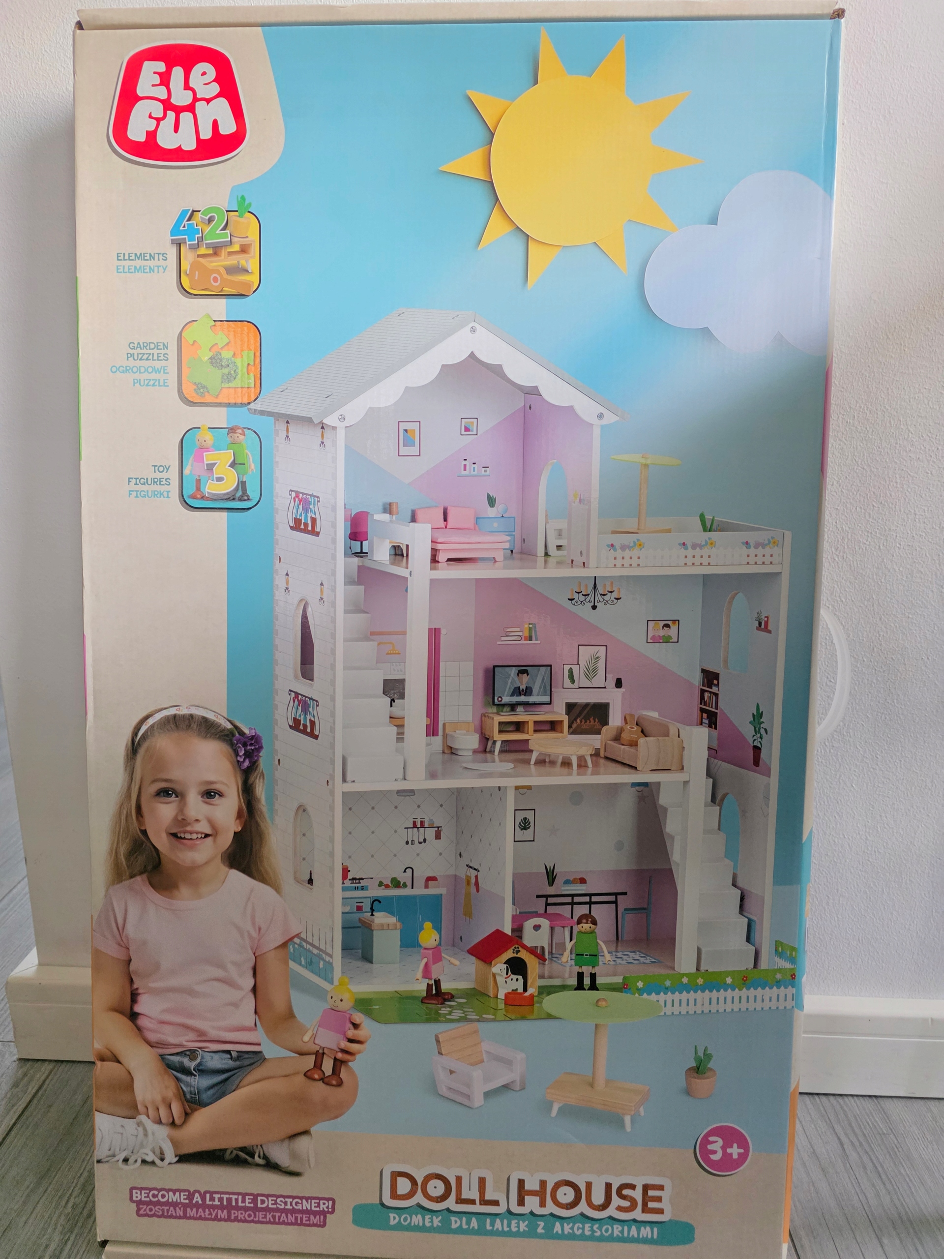 Domek Dla Lalek, Elefun duży, trzypoziomowy, 42 elementy, puzzle, 3 figurki