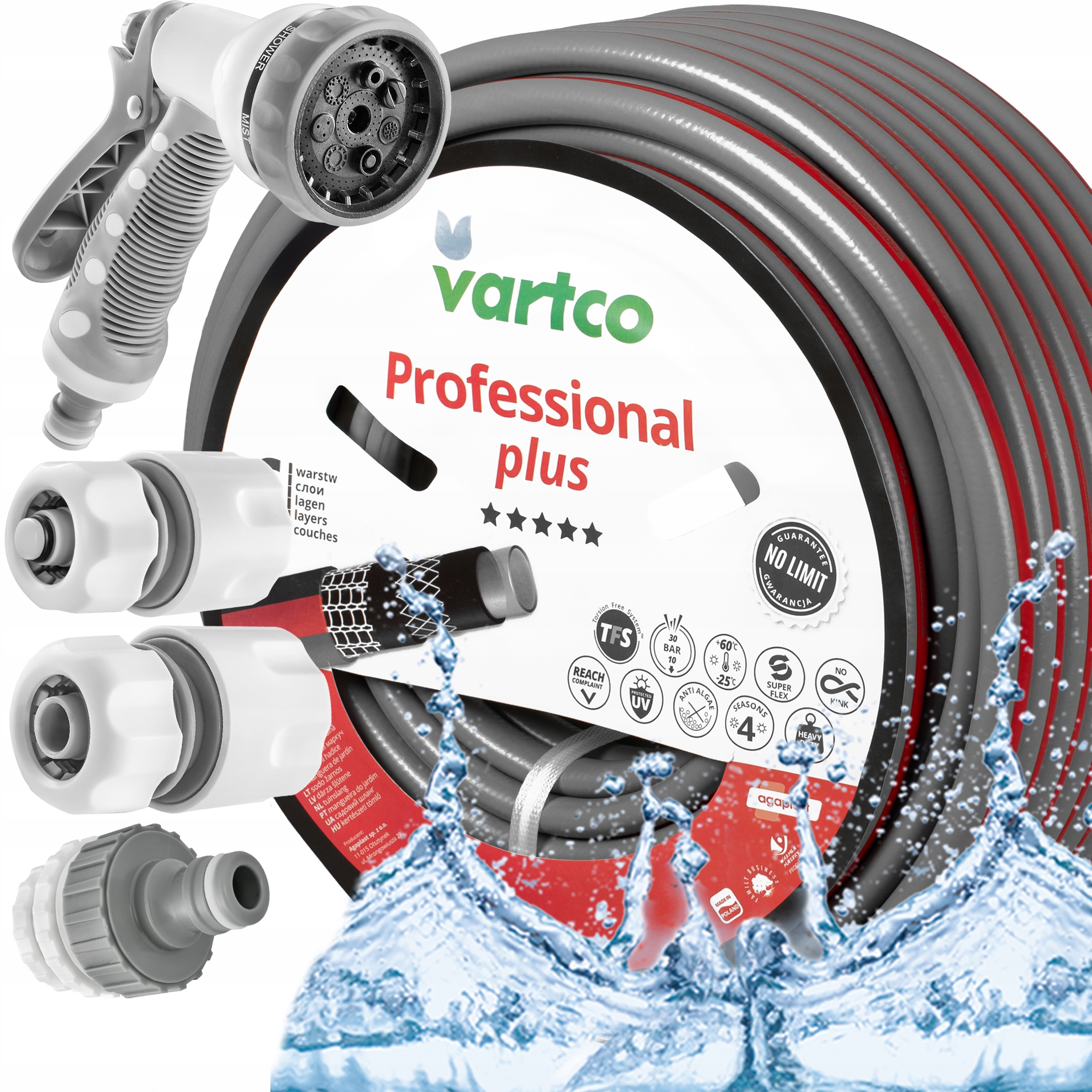 Wąż Ogrodowy 30m 1/2" 30 Bar Premium Nie Skręcający 3X Złączki Zraszacz