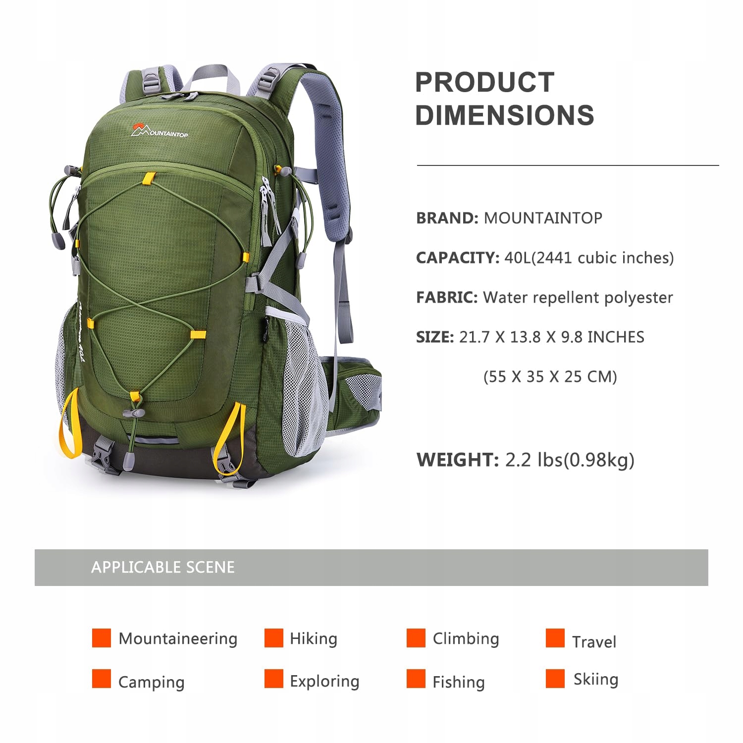 MOUNTAINTOP Plecak Turystyczny 40L Unisex Trekkingowy z Pokrowcem Zielony — miniatura 3