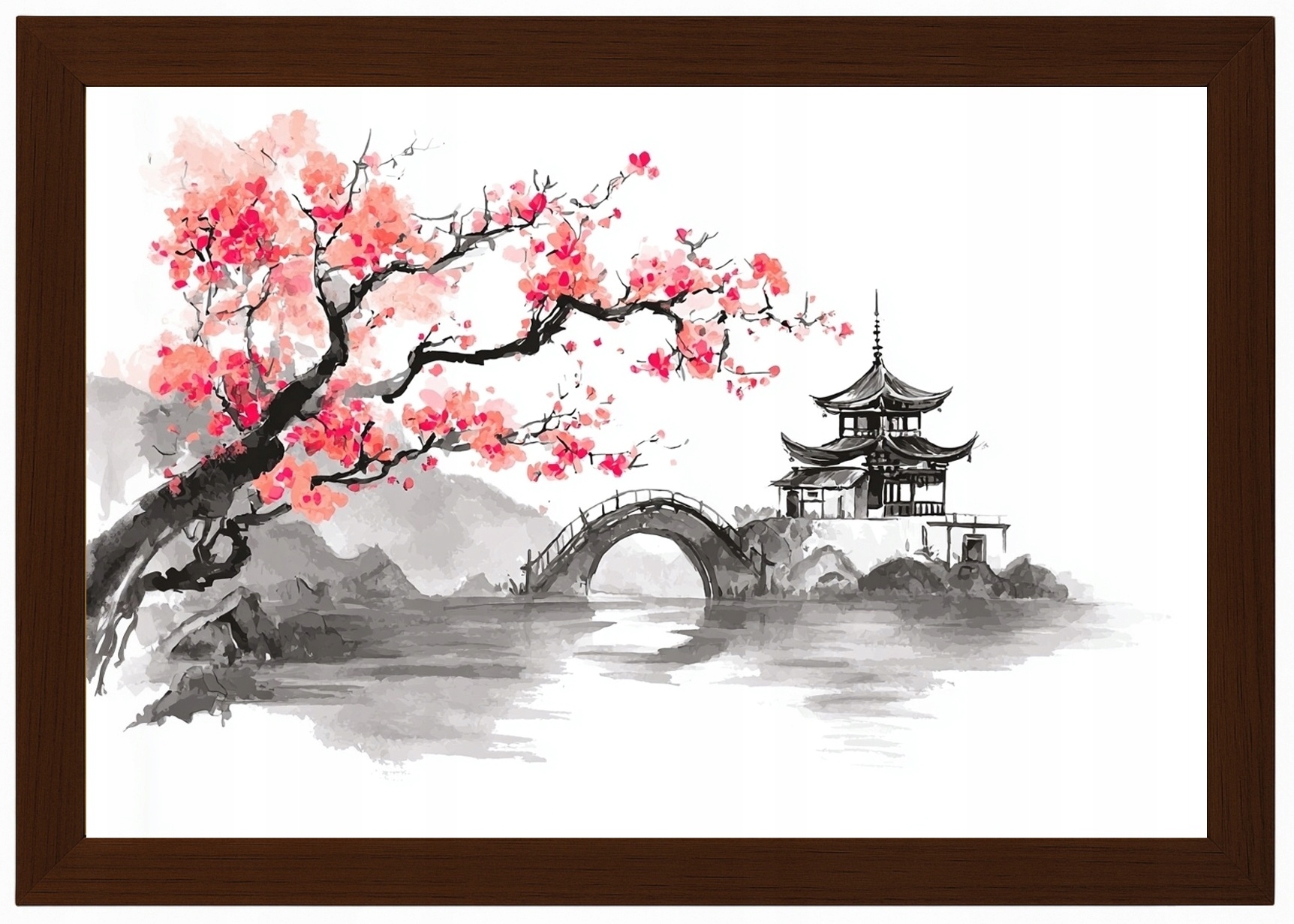 Plakát Rámeček Dřevo Asie Čína Pagoda Most Dřevo Višeň Sakura 93x62