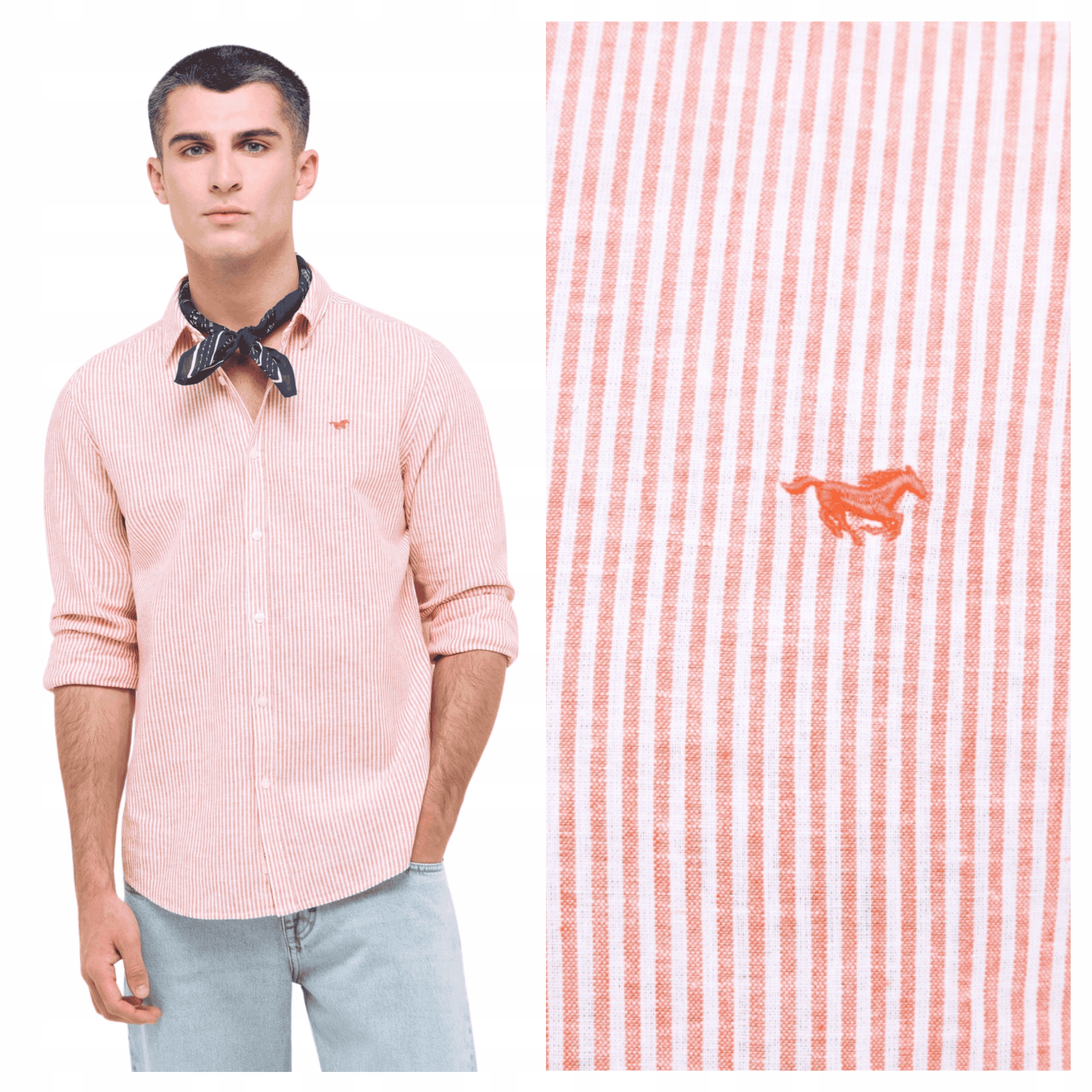 Pánská košile Mustang Rawlins Lněná červená s proužky Slim Fit XL