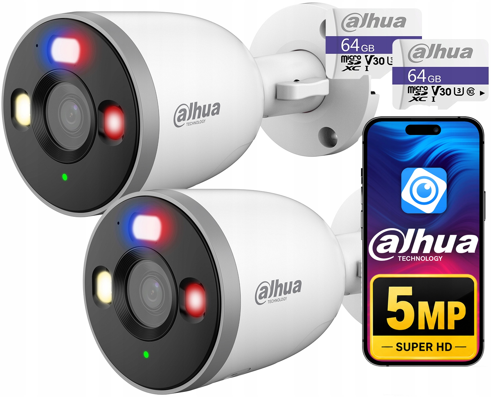 Kamera 2x 5MPx Dahua F5D-PV Detekce Ai Aktivní odstrašování Sd slot 64GB
