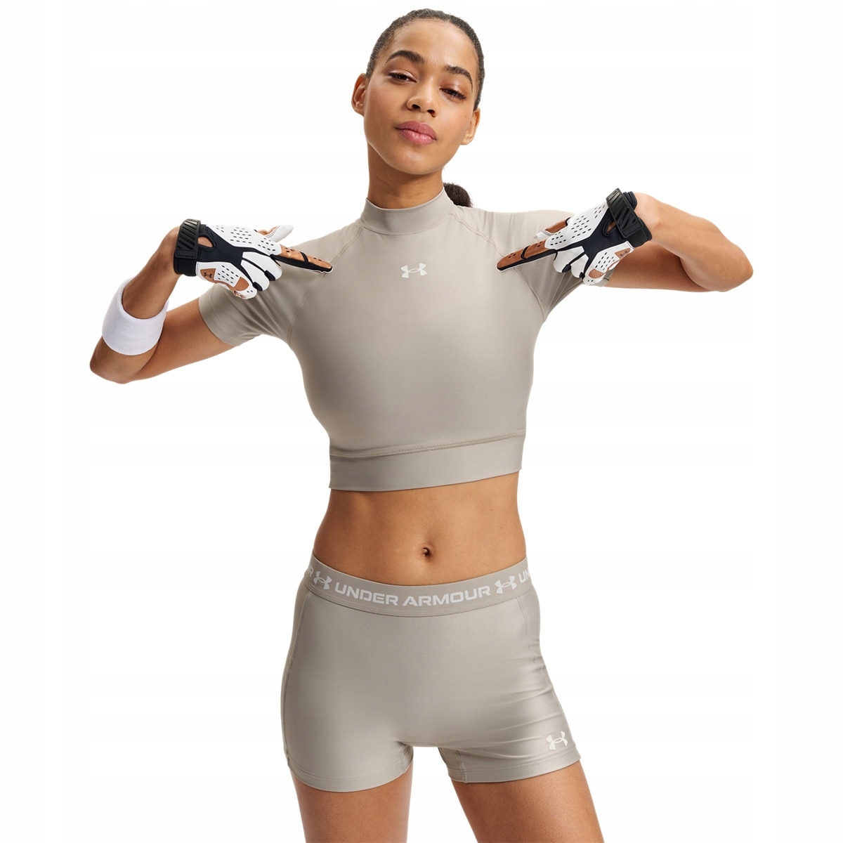 Damska koszulka treningowa Under Armour HeatGear Crop Mock Ss Beżowy L