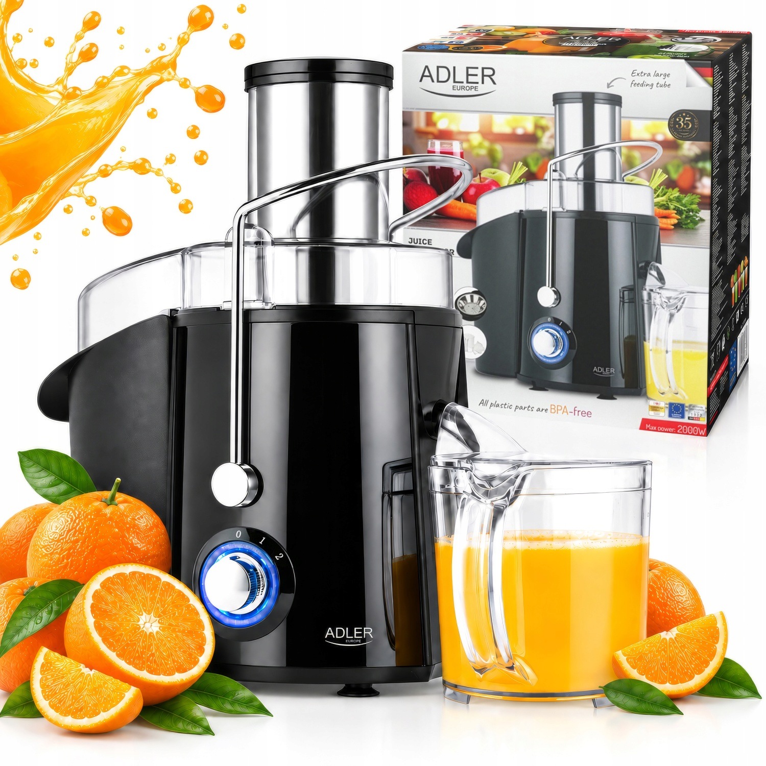 Elektrický odšťavňovač ovoce a zeleniny Adler 2000W 2 rychlosti bez Bpa