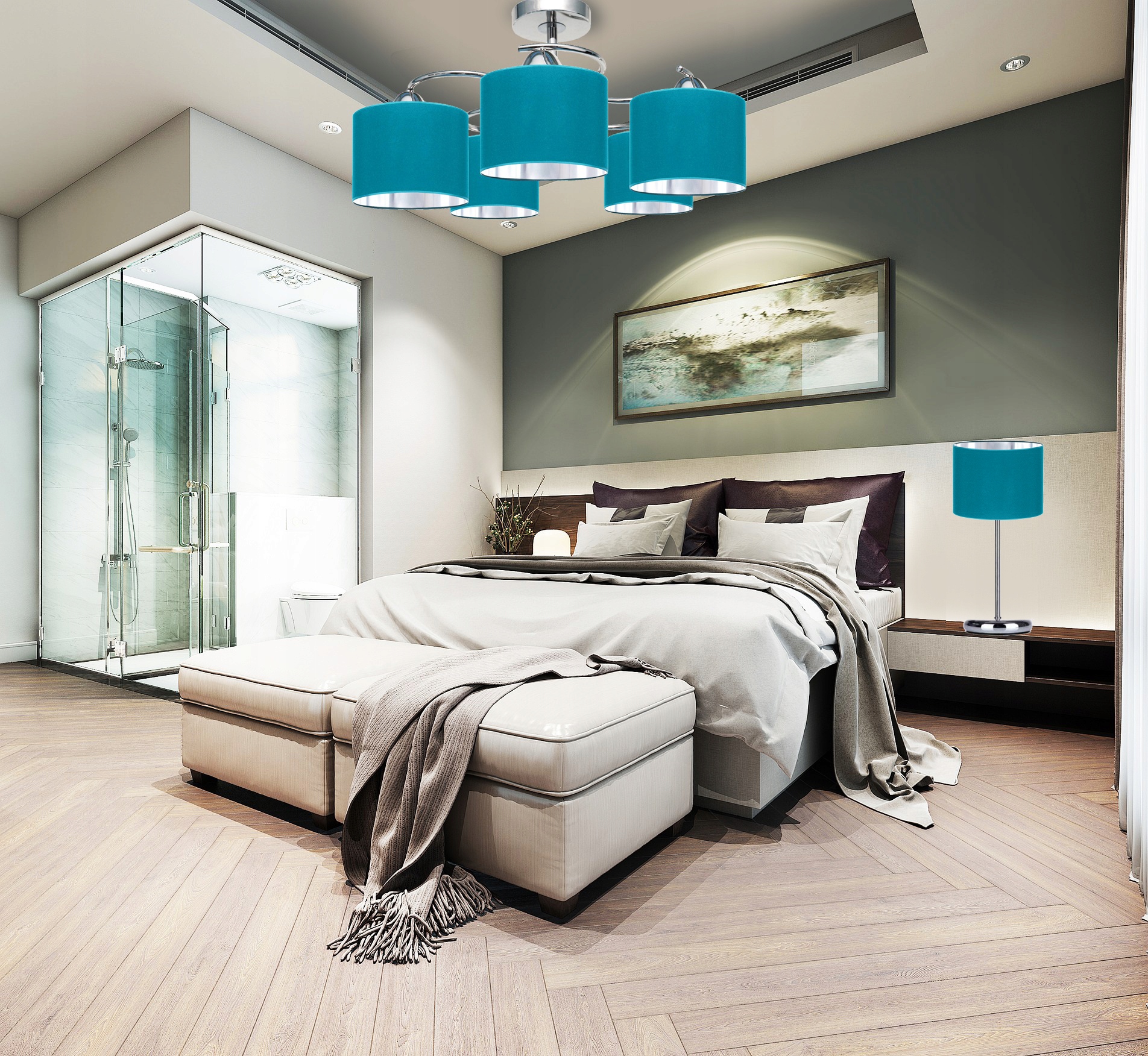 LAMPKA NOCNA STOŁOWA CHROM ABAŻUR TURKUSOWY LED Marka Tadex