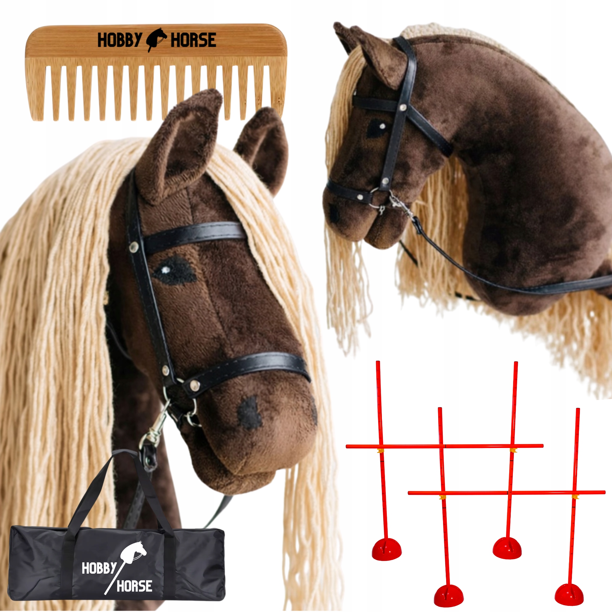 Zestaw Hobby Horse Koń Na Kiju A4 2x Przeszkoda Do Skakania 120CM Grzebień