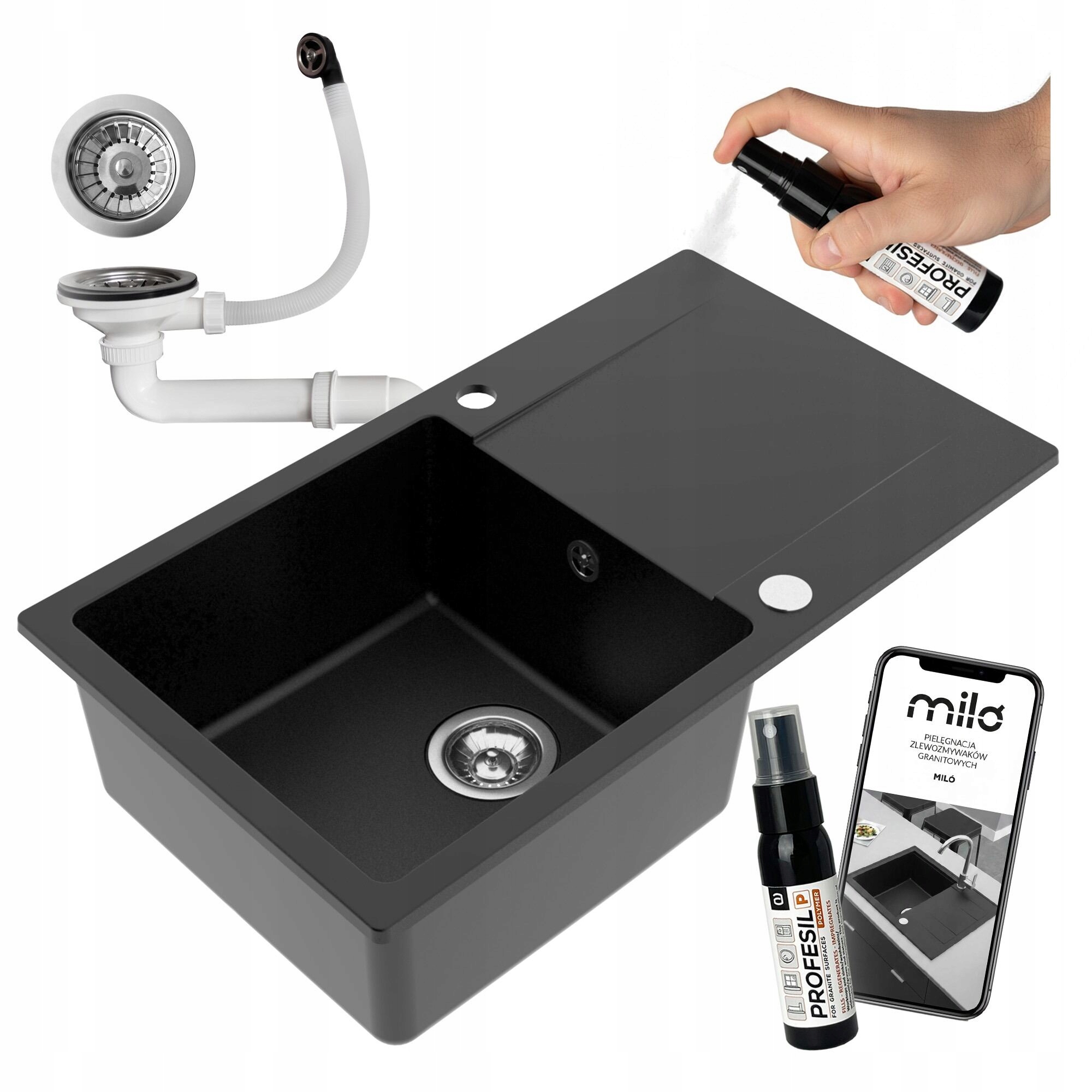 Granitový Kuchynský Drez Jednokomorový Miló Castello Sifón