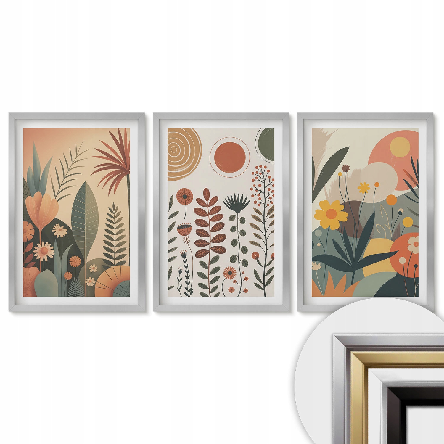 Obrazy do předsíně ve stříbrném rámu 40x60 cm Boho rostlinné vzory příroda