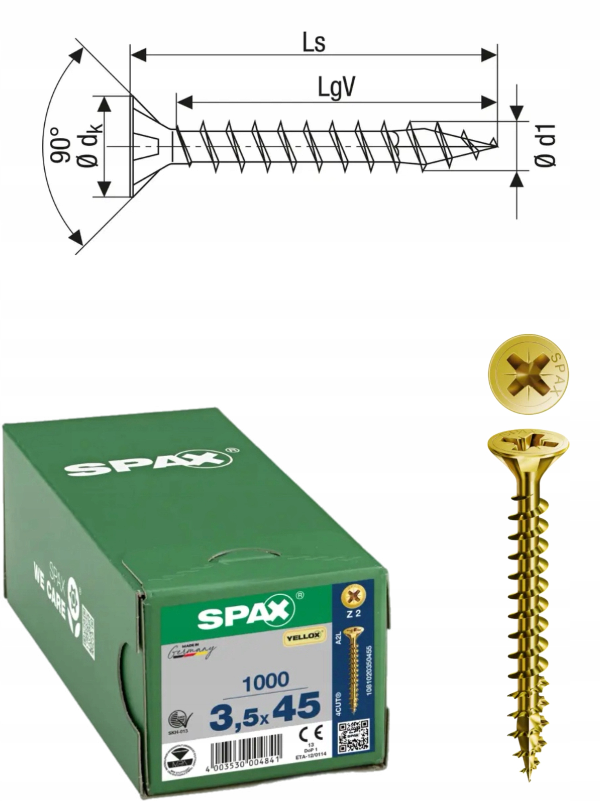 Univerzální šroub na dřevo (zlatý) Spax 3,5 x 45 mm Yello-x 1000 ks