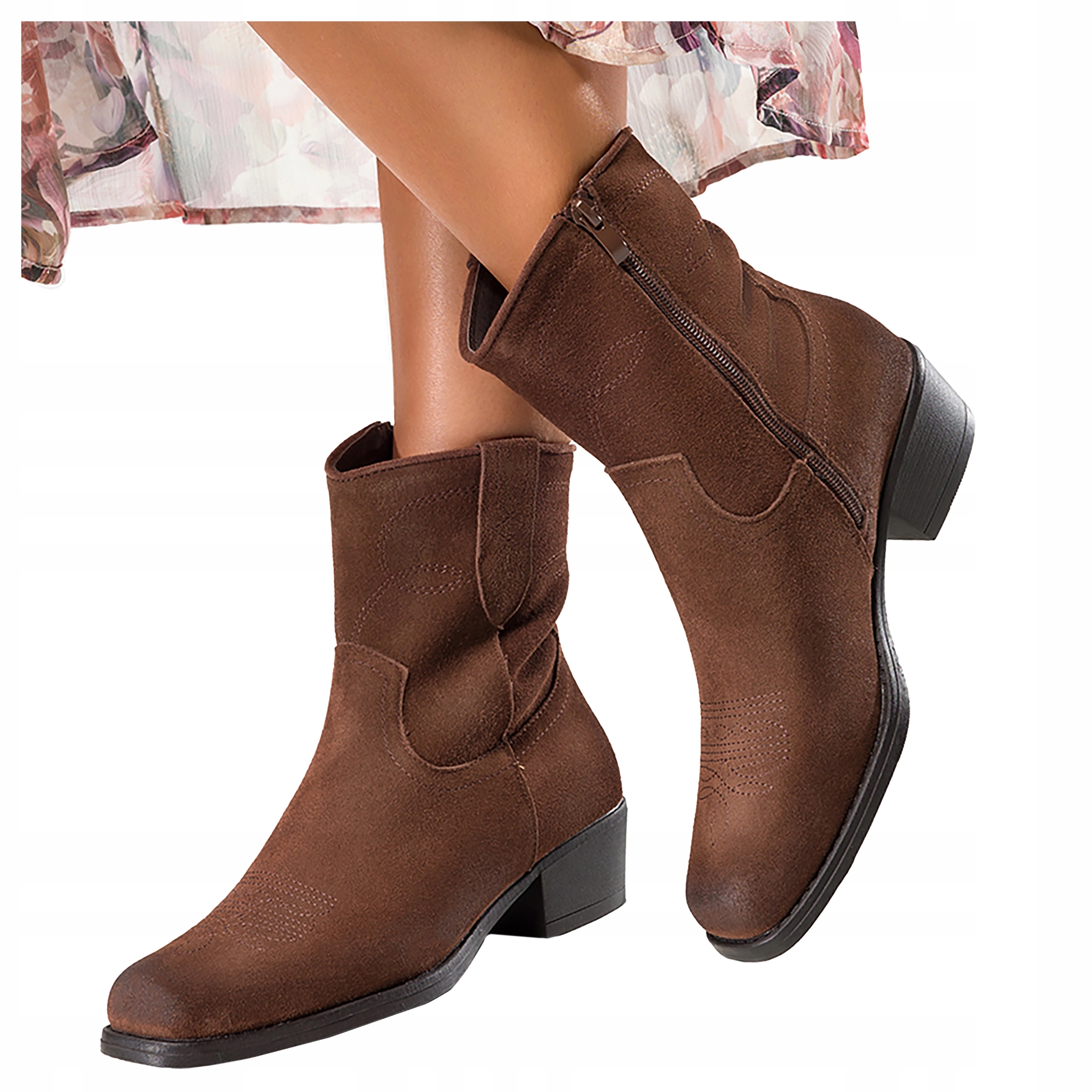 Kožené Kotníkové Boty Hnědé Dámské Kovbojské Boty Módní Prošívání Nízký podpatek velikost 38