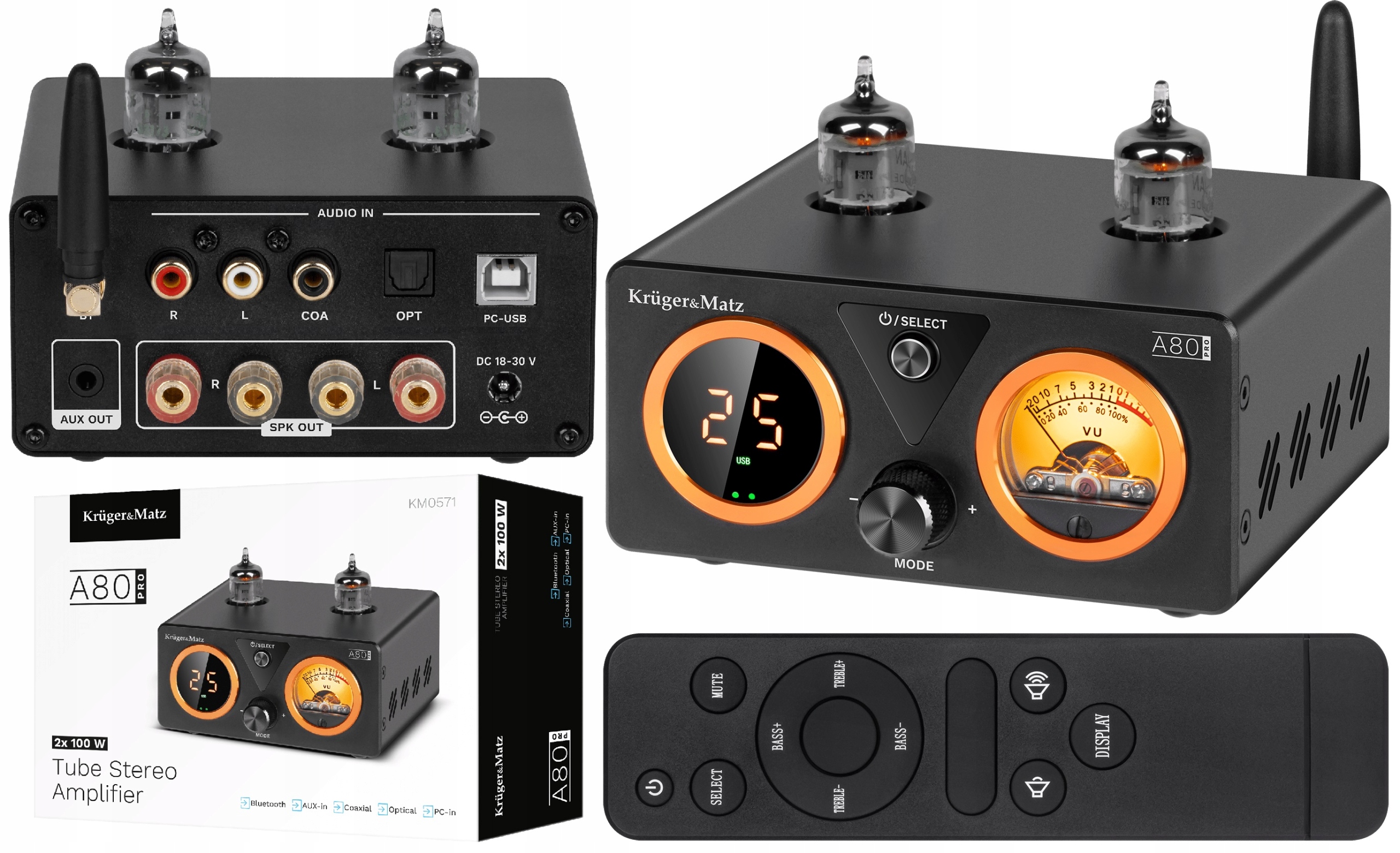 WZMACNIACZ LAMPOWY STEREO MAŁY MOCNY 2 X 100W BT 5.1 KRUGER MATZ A80 PRO