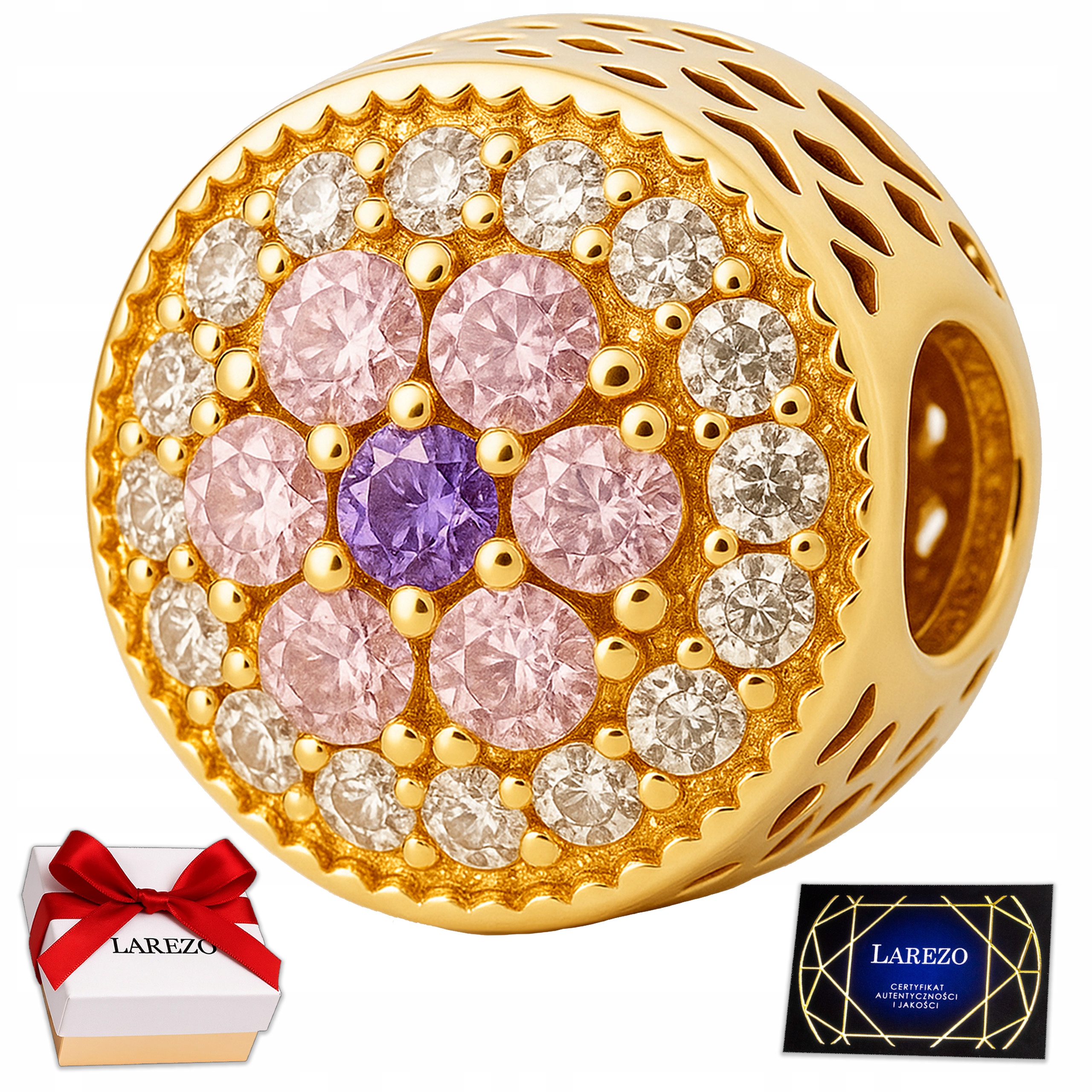 Zlatý přívěsek Charms Květ Maceška s zirkony, Pozlacený 585, růžové Zirkony, Stříbro