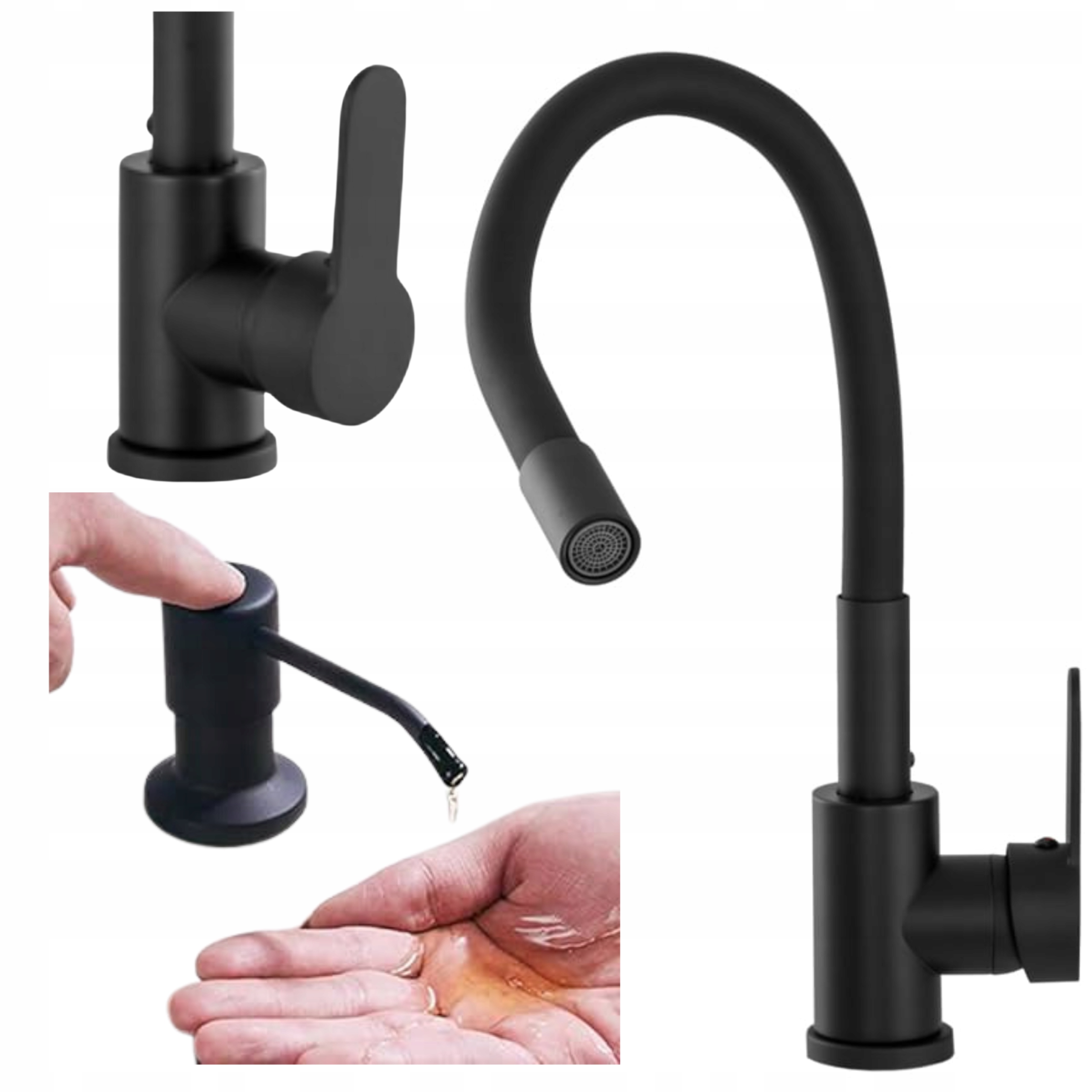 Kuchyňská baterie Flex černá s flexibilním výtokem Dávkovač na tekutinu