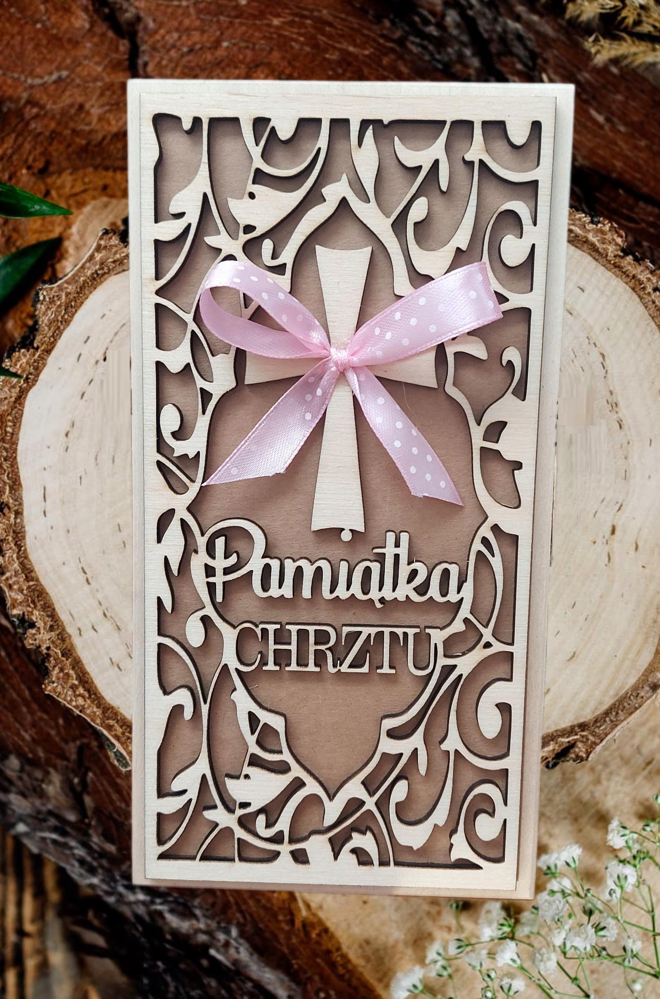 Rustykalna Pamiątka Chrztu 2 kolory PREZENT Wysokość 19.5 cm