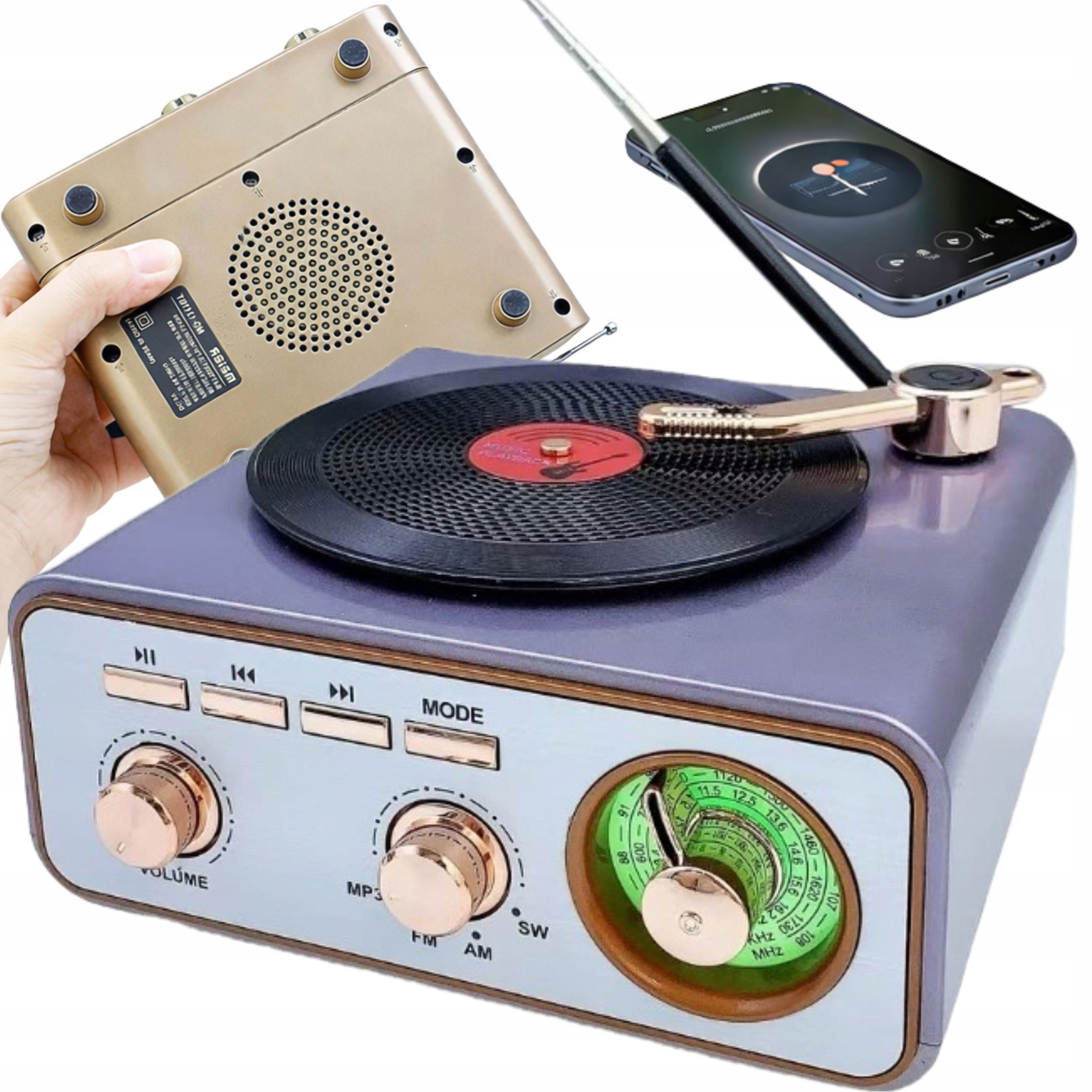 Přenosný gramofon Retro Bluetooth Rádio Fm Am Sw Usb Tf na Akumulátor