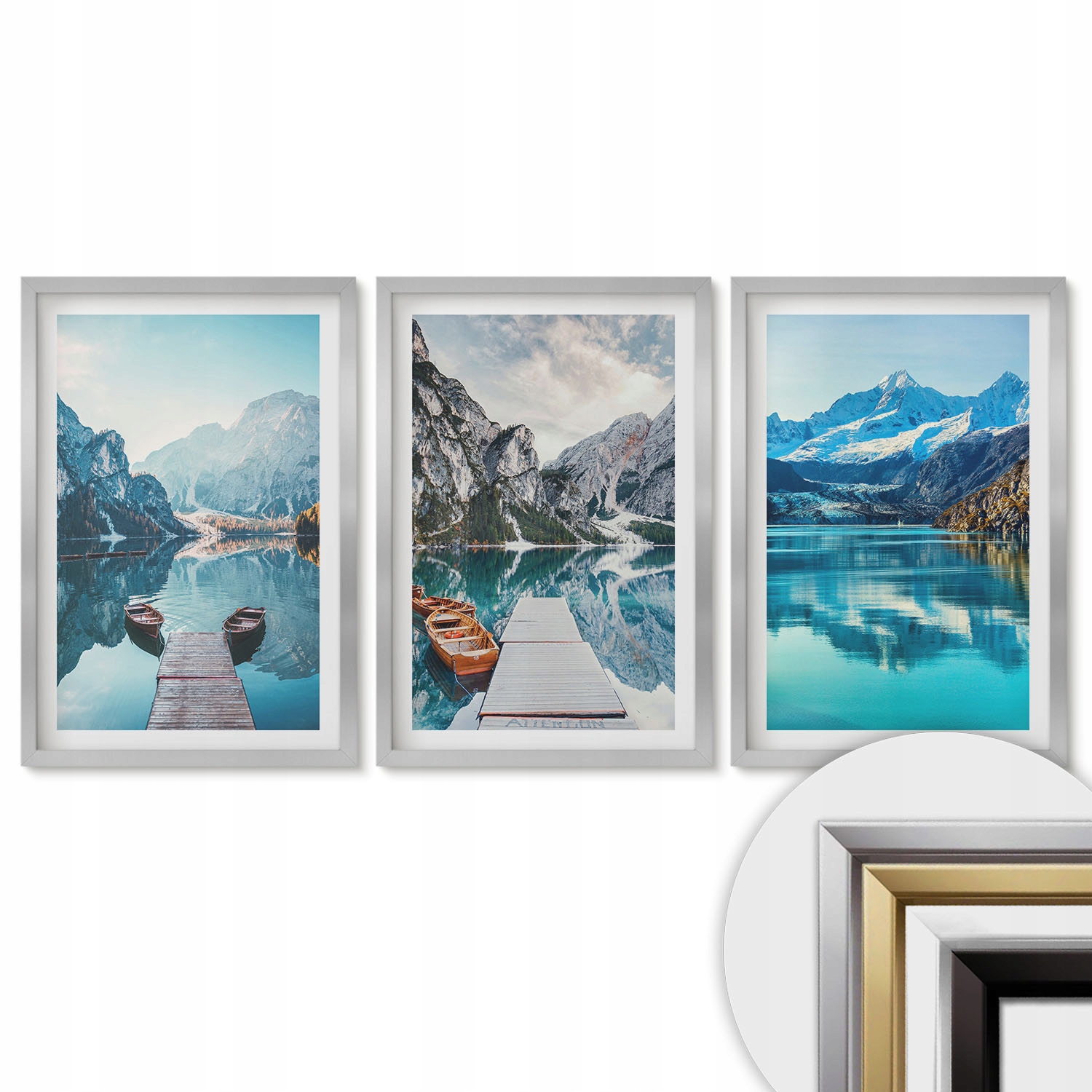 Sada 3 obrazov Triptych Strieborný rám 40x60 Horské jazerá lode odraz