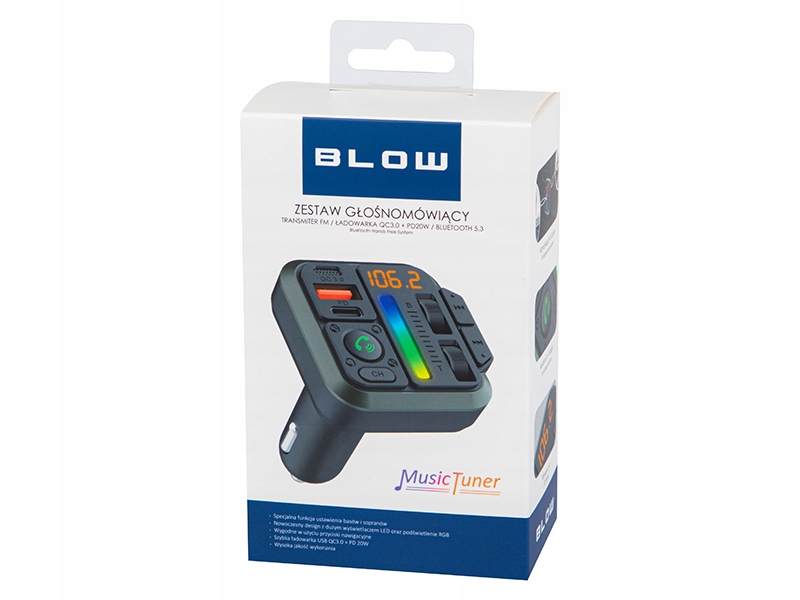 Transmiter FM BLOW Bluetooth+QC3.0+PD20W Cechy dodatkowe wbudowany mikrofon wyświetlacz
