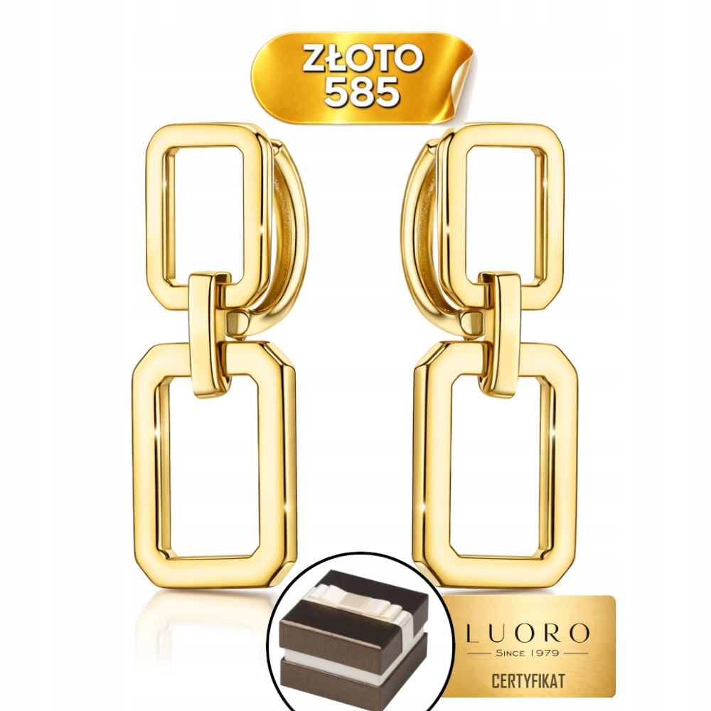 Náušnice zlaté 585 14K obdélníkové s kamenem na kreolu 22 mm elegantní