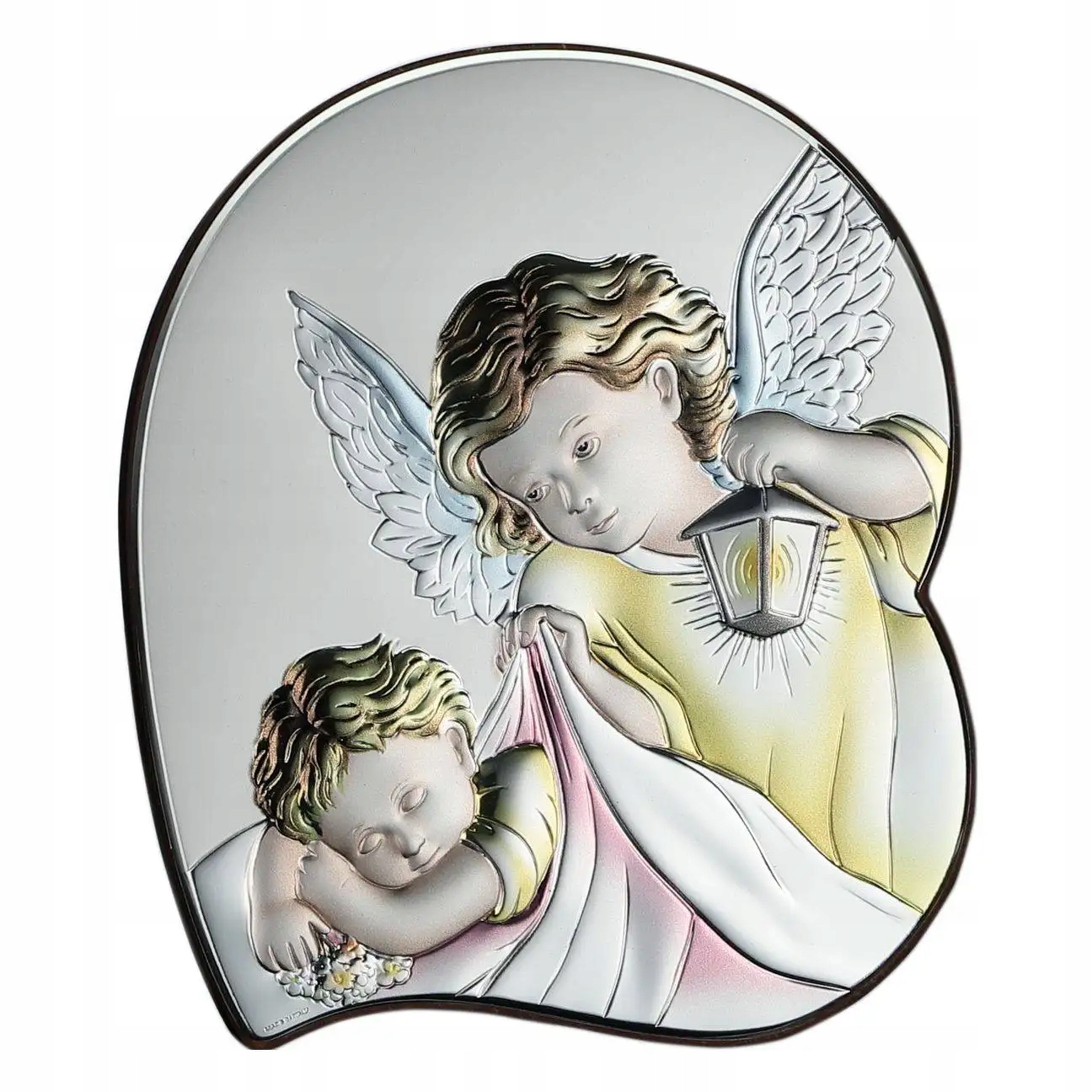 Srebrny obrazek na chrzest anioł stróż z latarenką 12x14 cm Kolor: Różowy