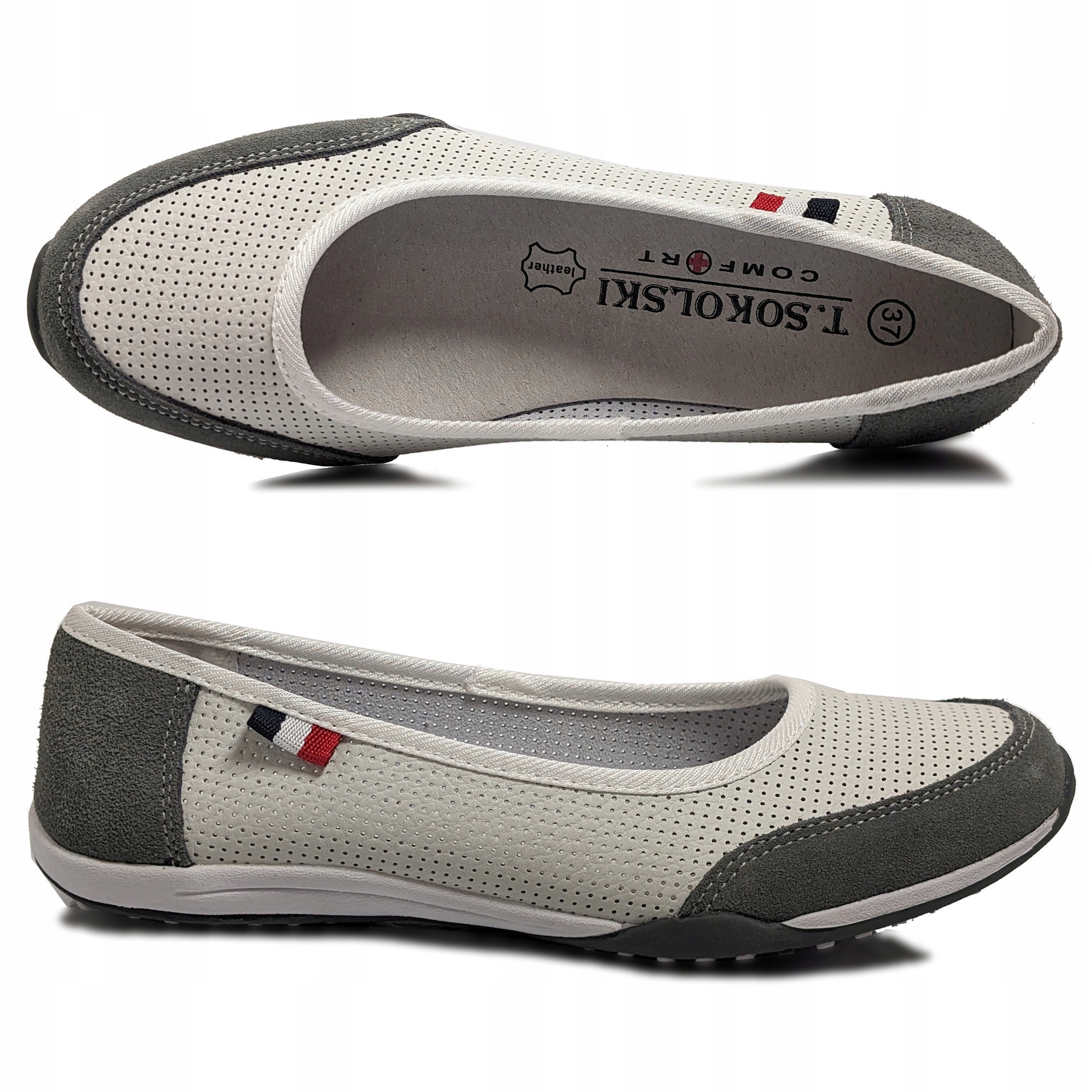 Biało szare ażurowe sportowe baleriny ze skóry Sokolski r41