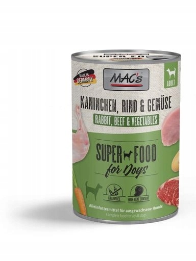 4x Mac's Dog Plechovka vlhké krmivo pro psy Králík a zelenina 400 g